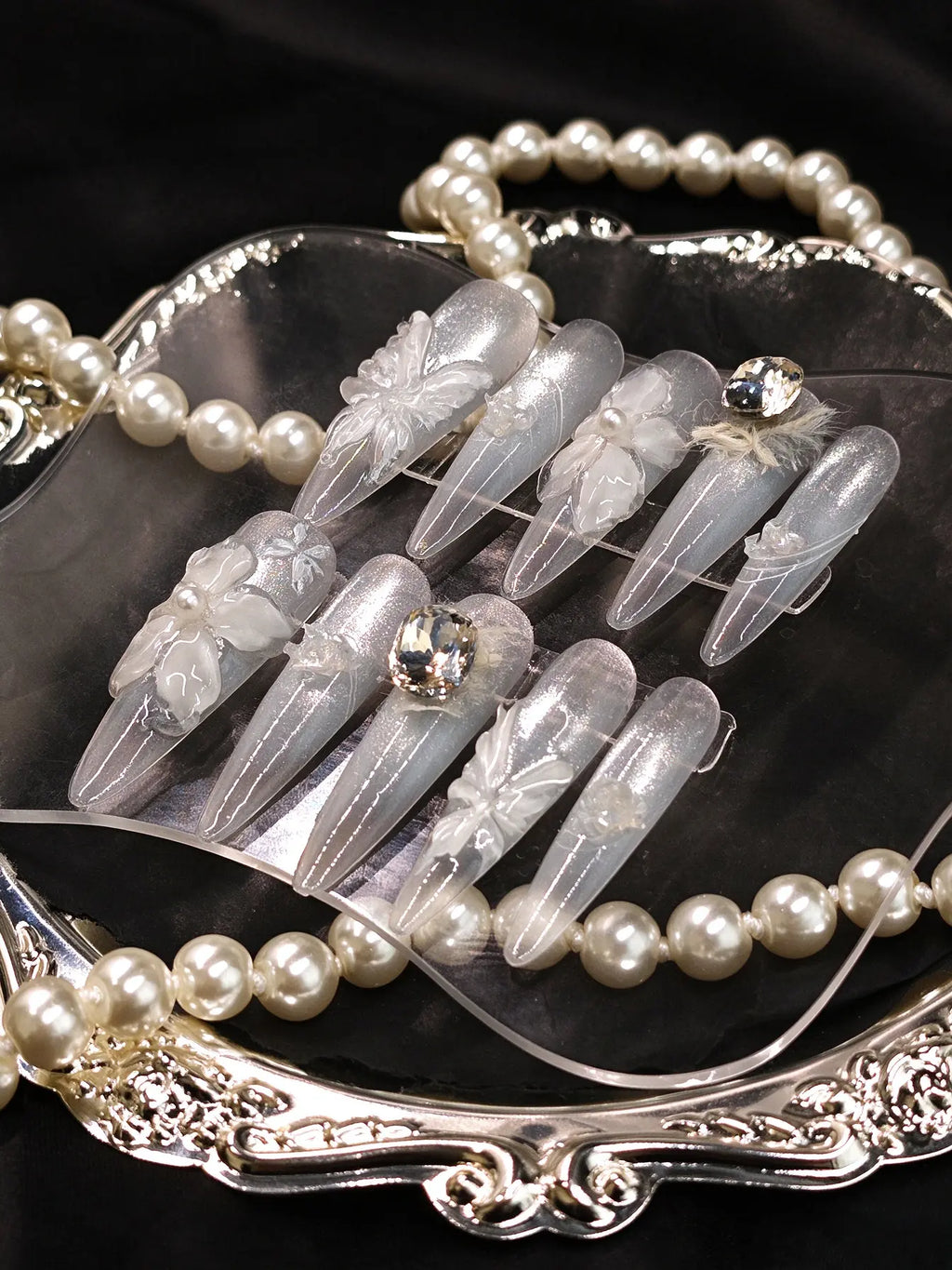 Luxury Handmade Bridal Press On Nails, 3D Butterfly & Crystal Long Coffin Nails