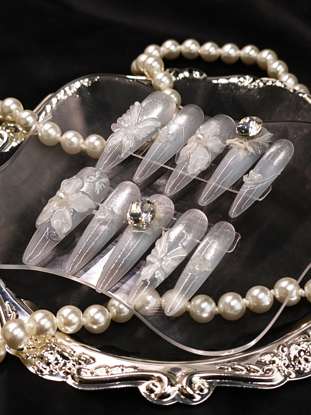 Luxury Handmade Bridal Press On Nails, 3D Butterfly & Crystal Long Coffin Nails