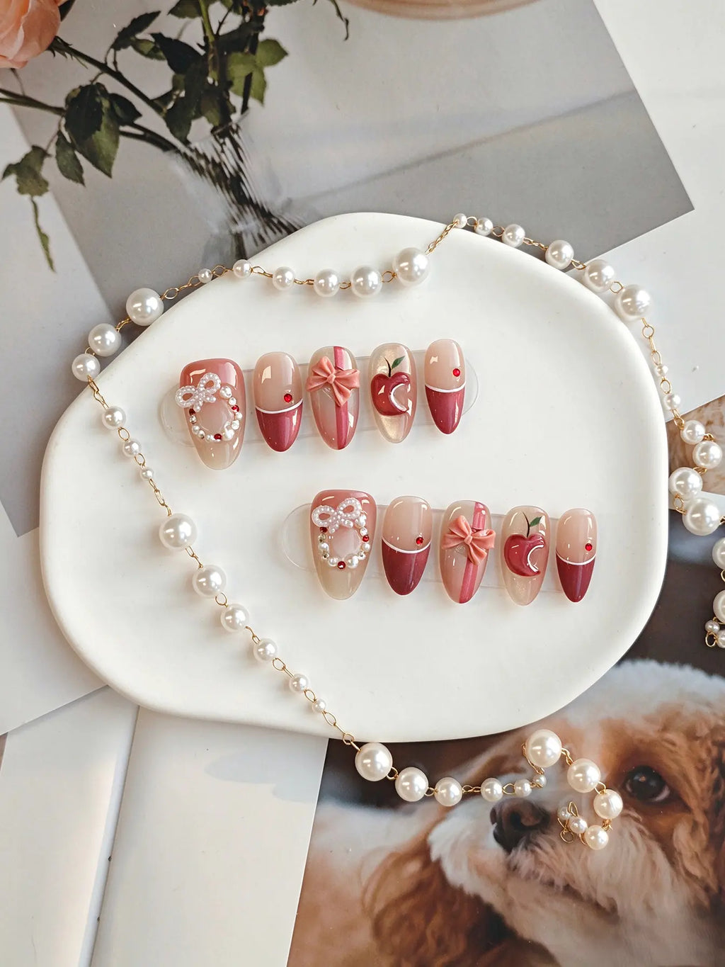 Press On Nails | Apple Bow Rhinestone Short Oval Nails