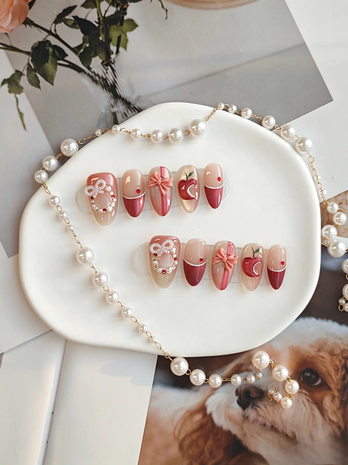 Press On Nails | Apple Bow Rhinestone Short Oval Nails