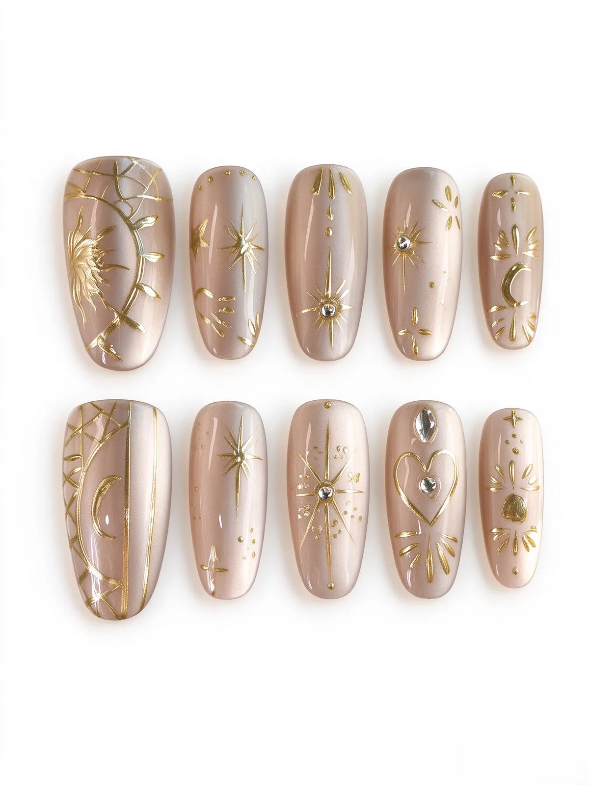 Celestial Gold Print Short Oval Bridal Press On Nails