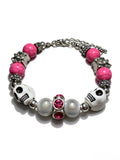 Gothic Skull Beaded Bracelet with Pink Stone & Faux Pearls, Adjustable Halloween Statement Bracelet for Women