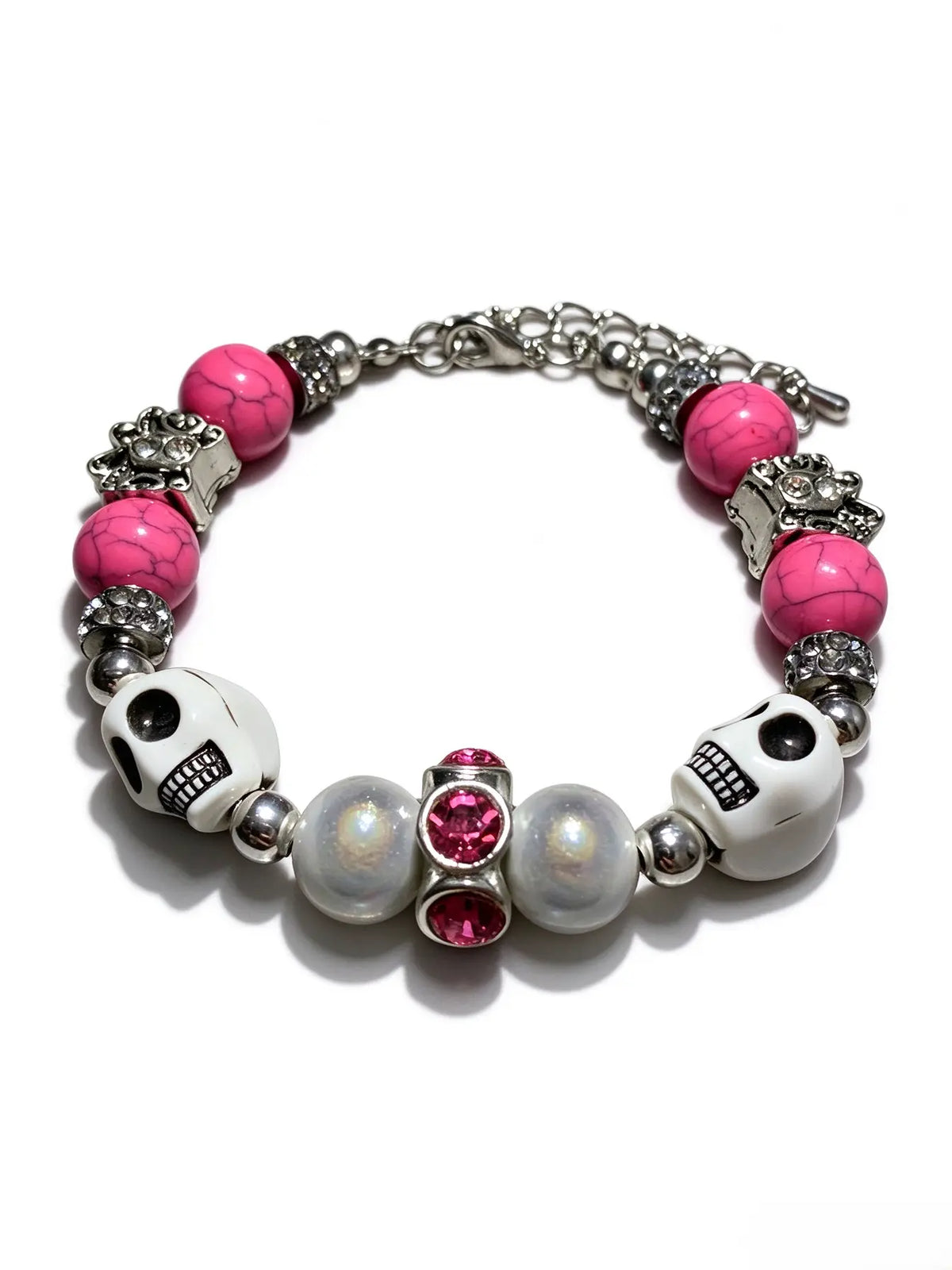 Gothic Skull Beaded Bracelet with Pink Stone & Faux Pearls, Adjustable Halloween Statement Bracelet for Women