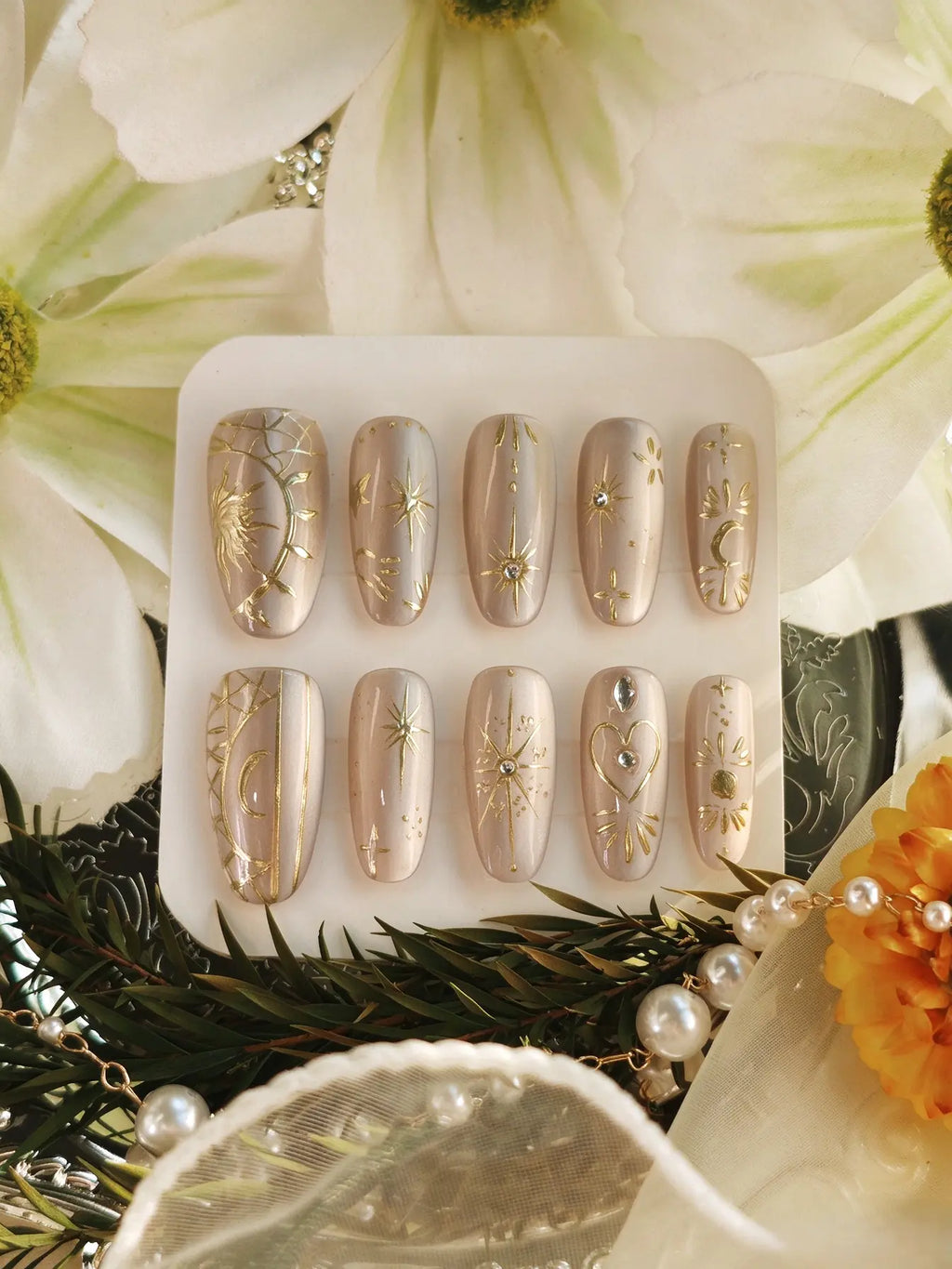 Celestial Gold Print Short Oval Bridal Press On Nails