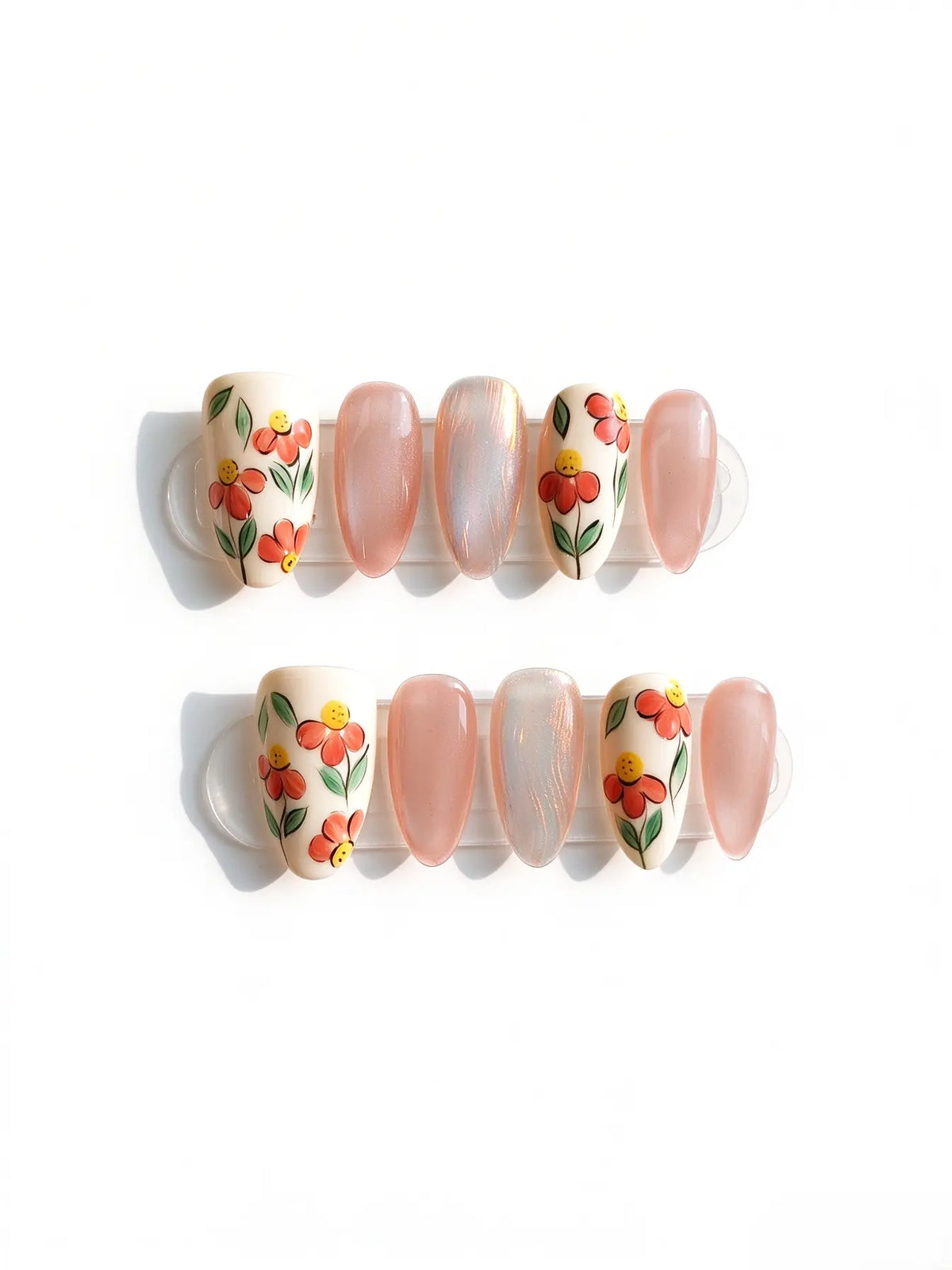 Hand Painted Floral Cat Eye Short Oval Press On Nails
