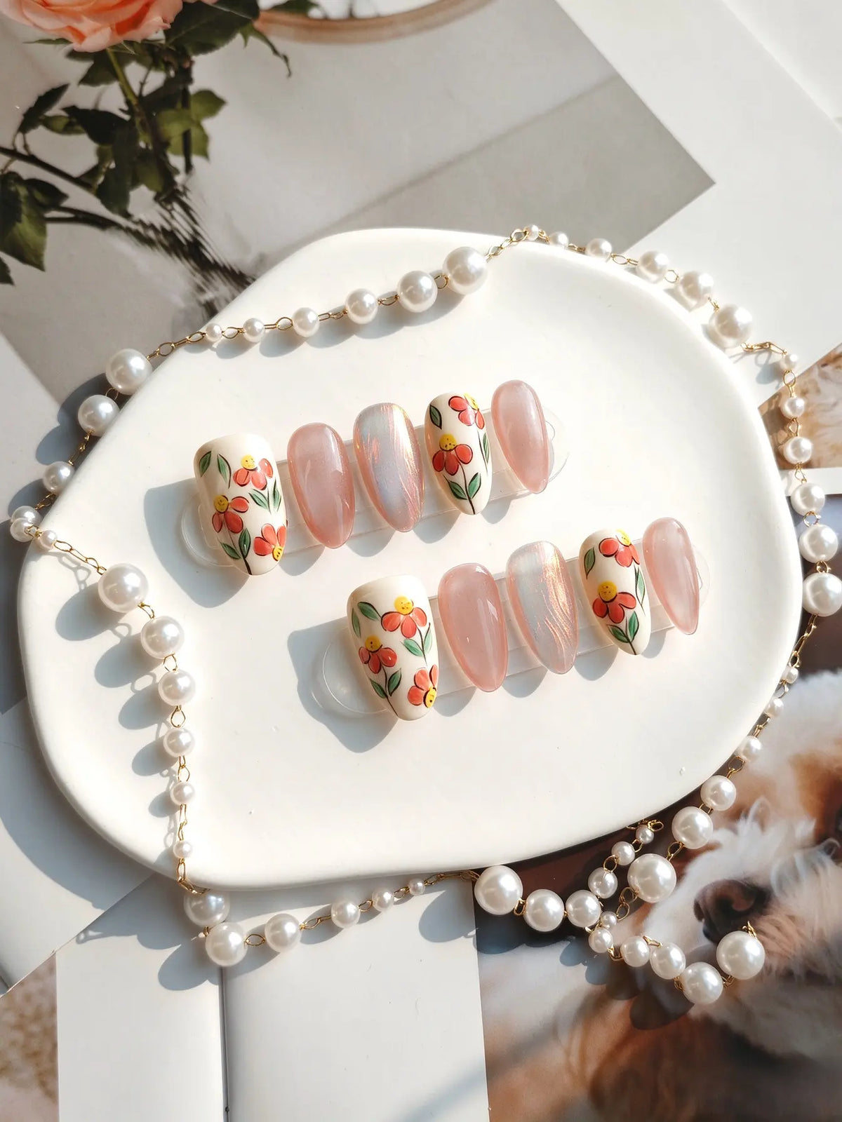 Hand Painted Floral Cat Eye Short Oval Press On Nails