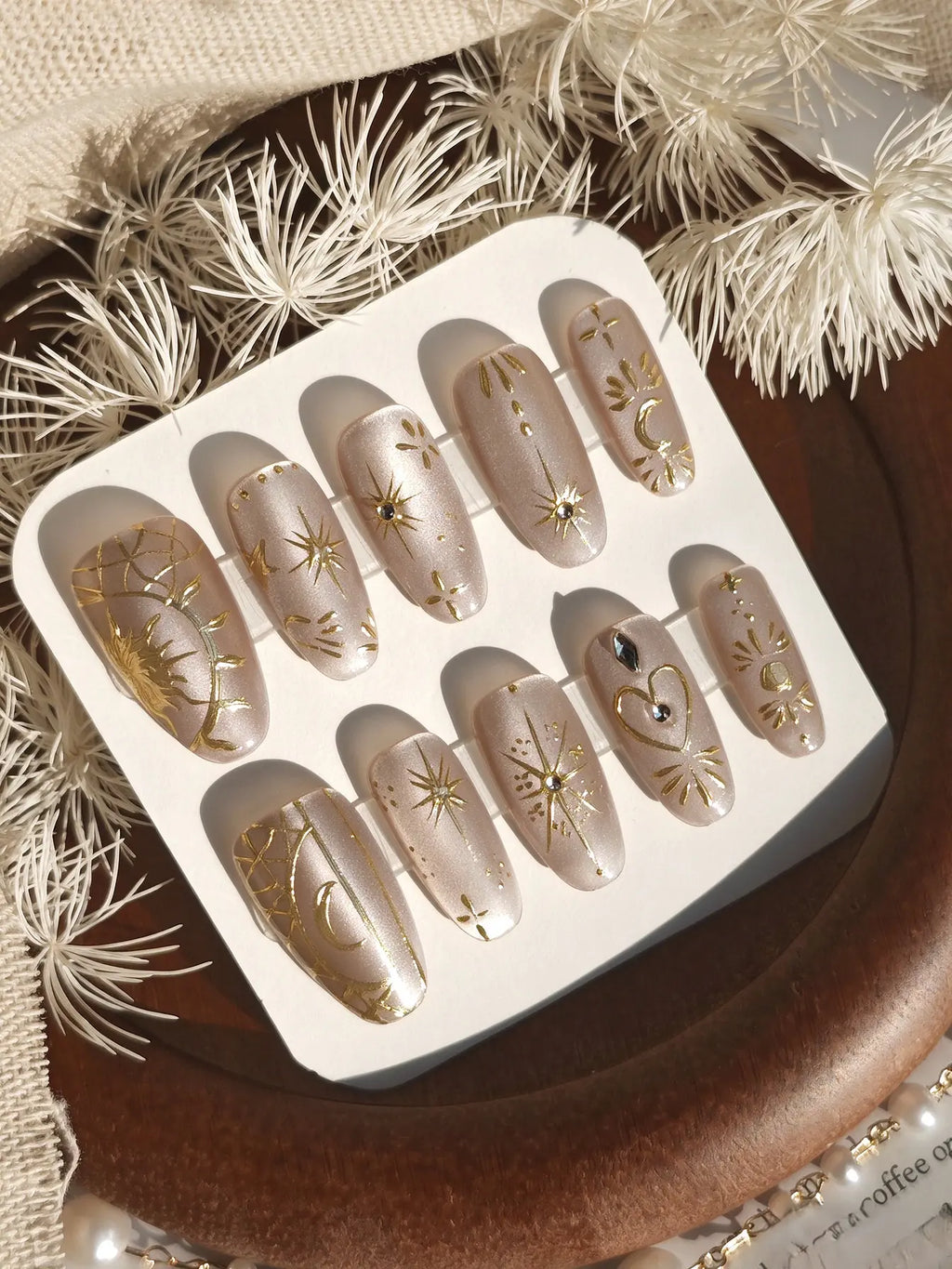 Celestial Gold Print Short Oval Bridal Press On Nails