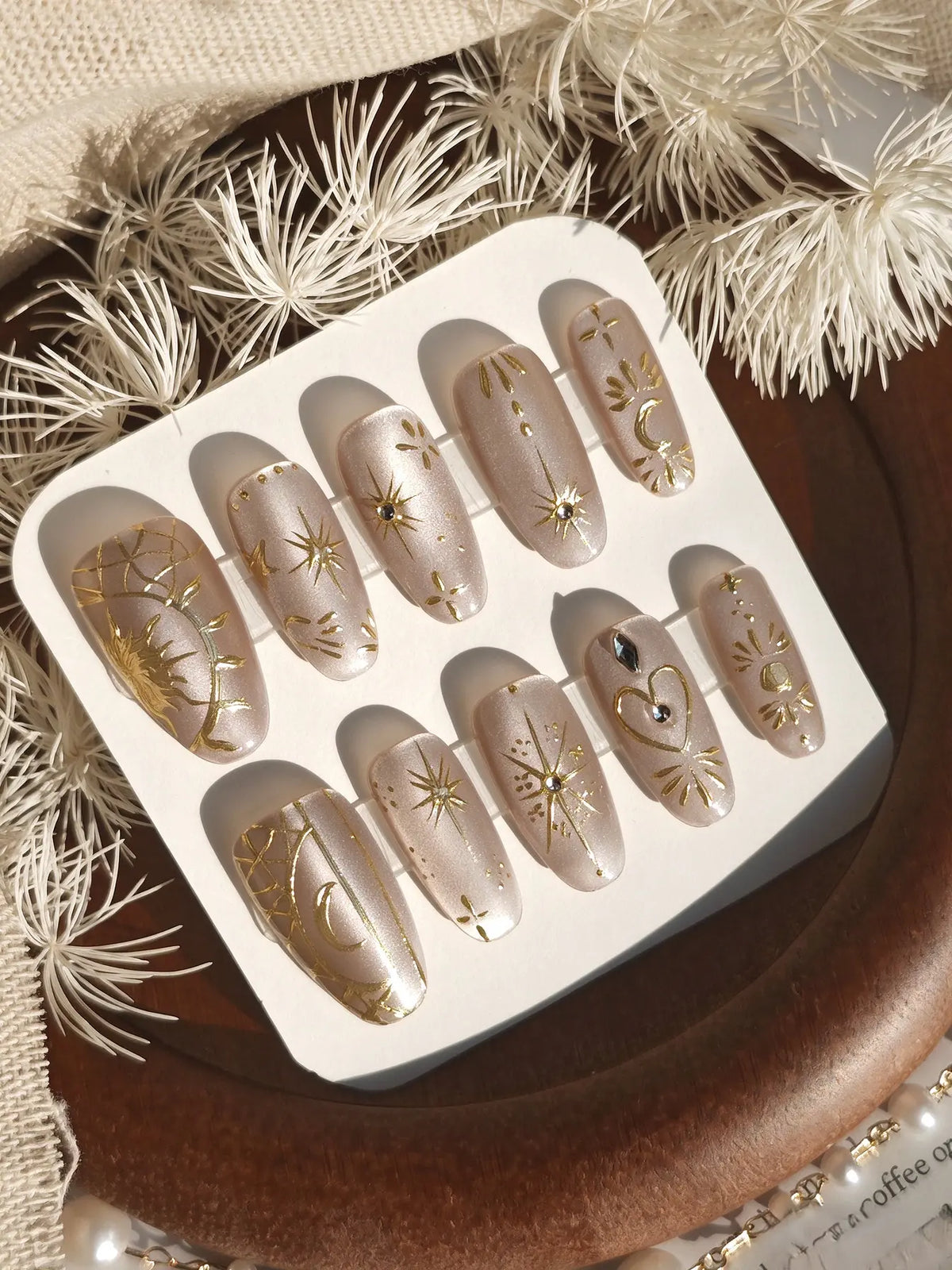Celestial Gold Print Short Oval Bridal Press On Nails