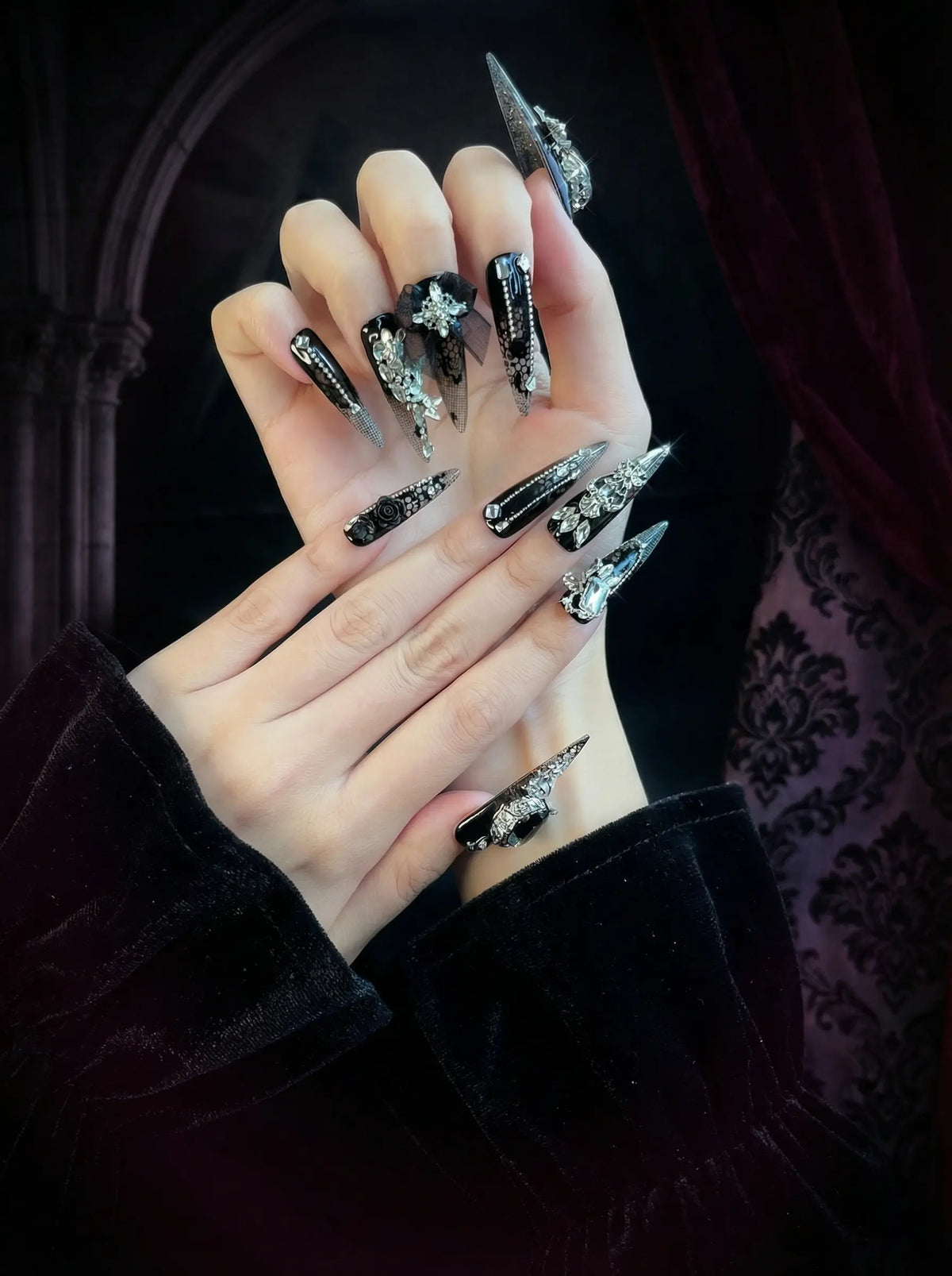 Gothic Lace 3D Rhinestone Long Stiletto Nails