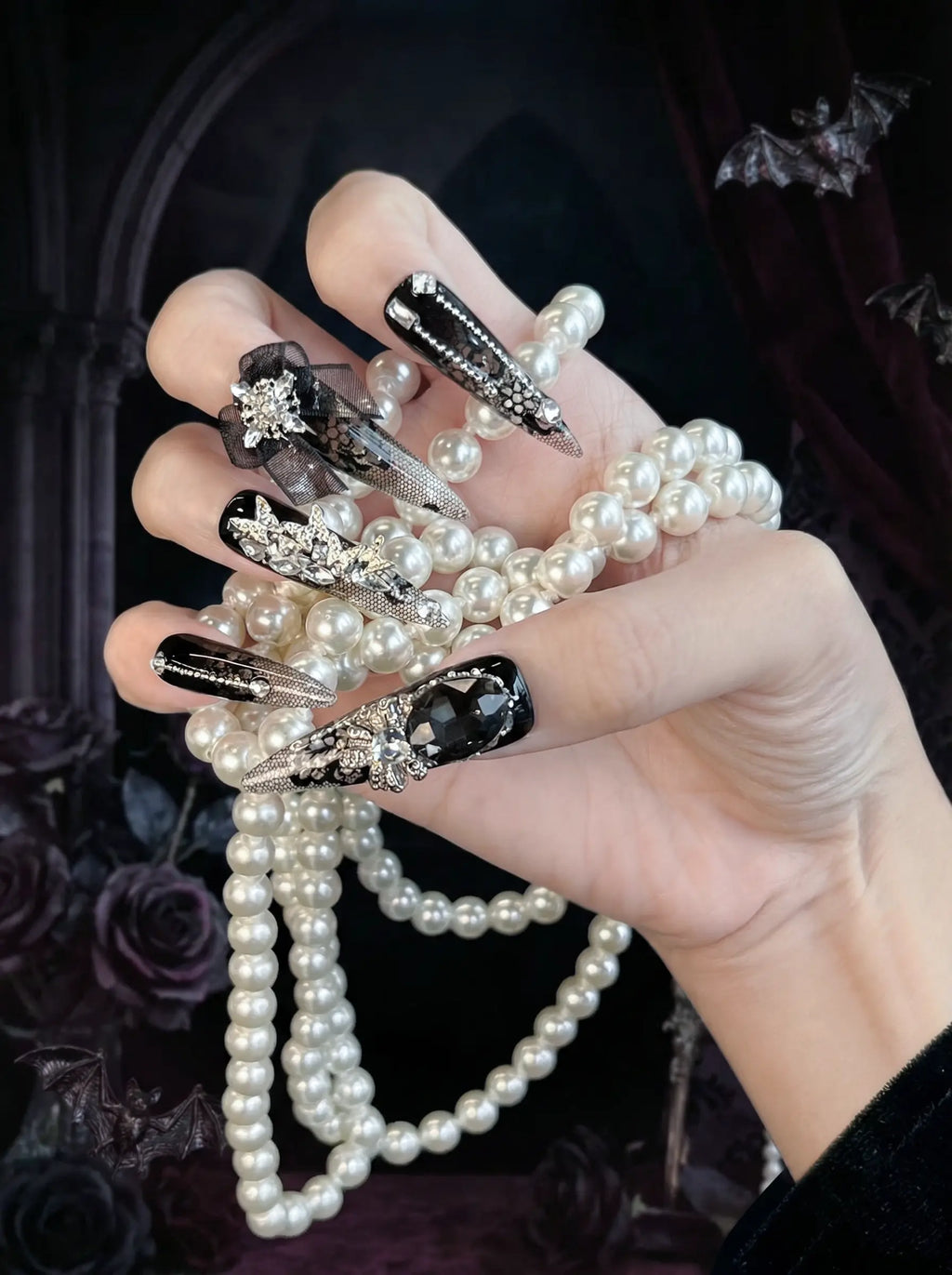 Gothic Lace 3D Rhinestone Long Stiletto Nails
