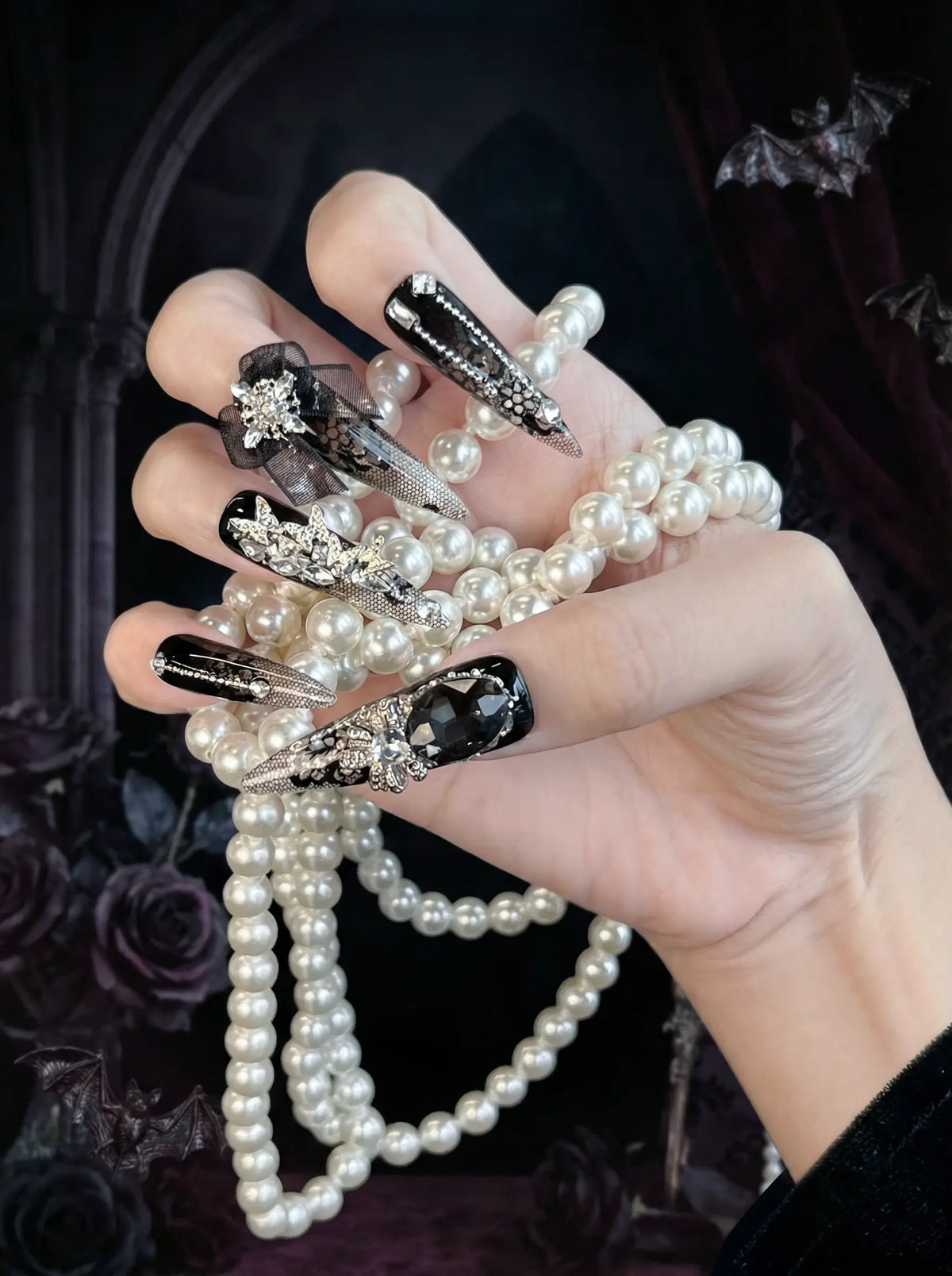 Gothic Lace 3D Rhinestone Long Stiletto Nails