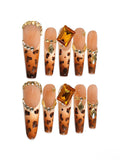 Luxury Press On Nails | Brown Leopard Crystal Long Coffin Nails