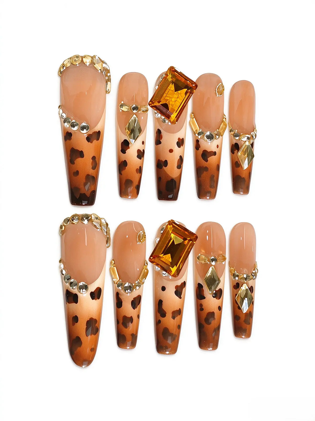 Luxury Press On Nails | Brown Leopard Crystal Long Coffin Nails