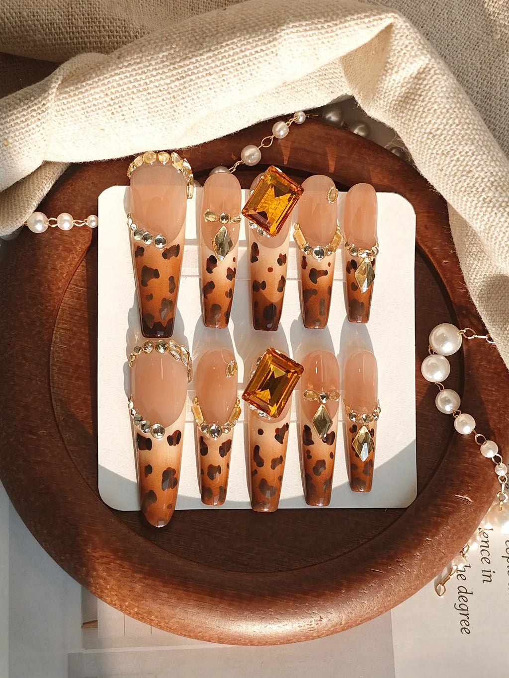 Luxury Press On Nails | Brown Leopard Crystal Long Coffin Nails