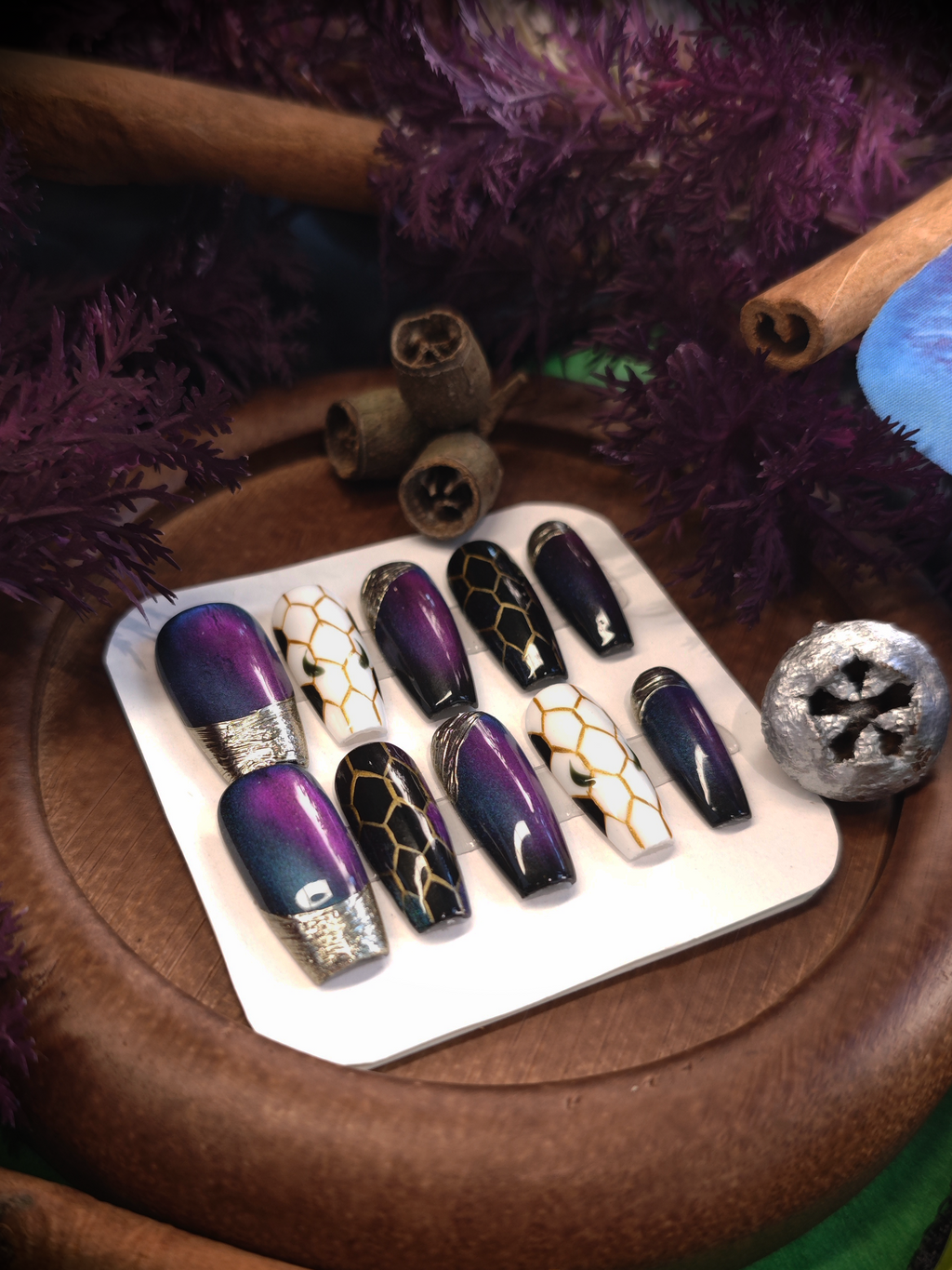 Purple Blue Cat Eye Honeycomb Medium Tapered Coffin Nails