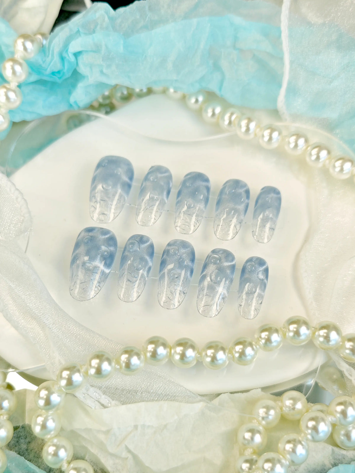 Icy Blue Water Bubble Shimmer Medium Tapered Square Nails