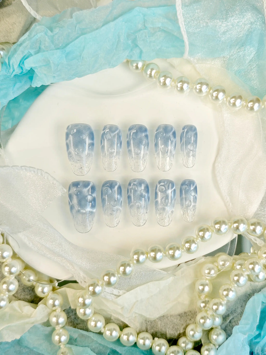 Icy Blue Water Bubble Shimmer Medium Tapered Square Nails