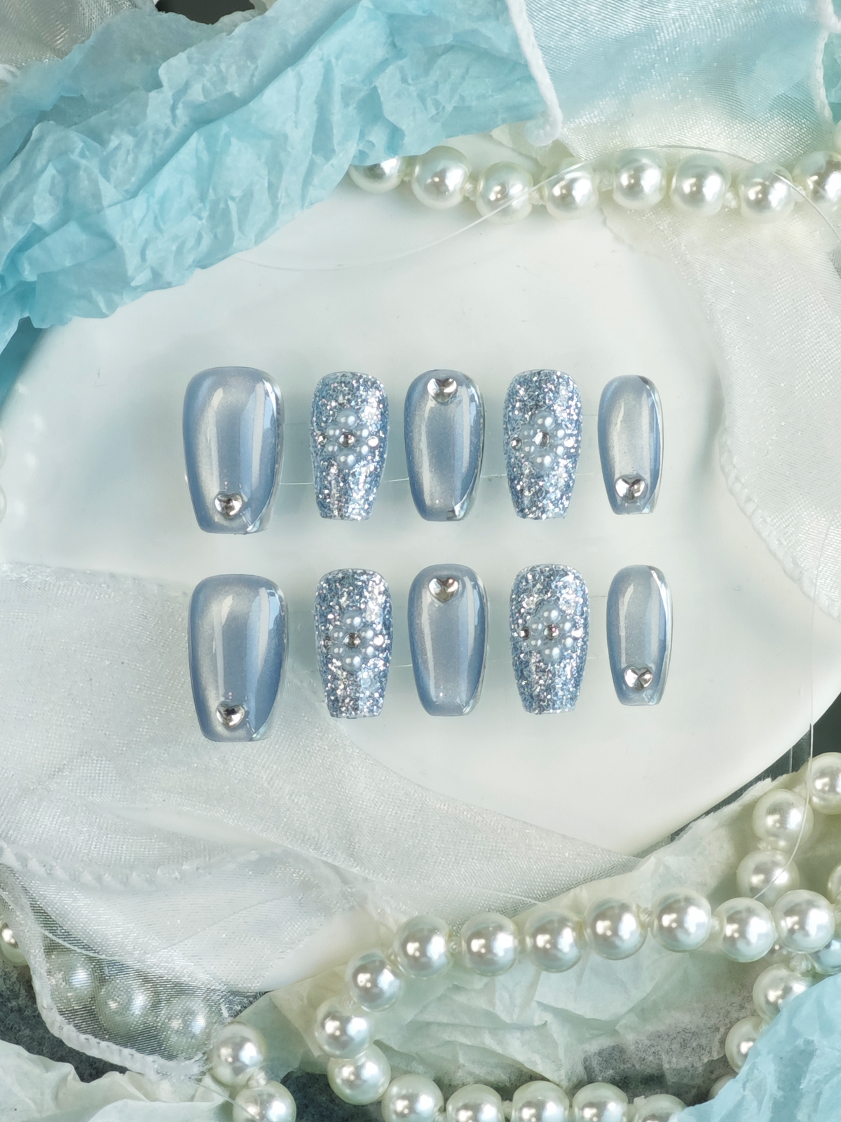 Ice Blue Cat Eye Heart Pearl Medium Square Nails
