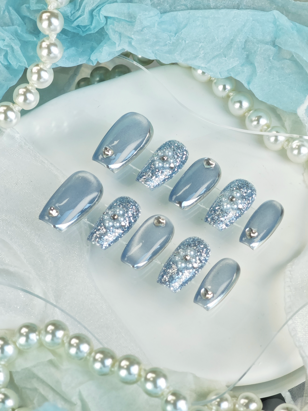 Ice Blue Cat Eye Heart Pearl Medium Square Nails