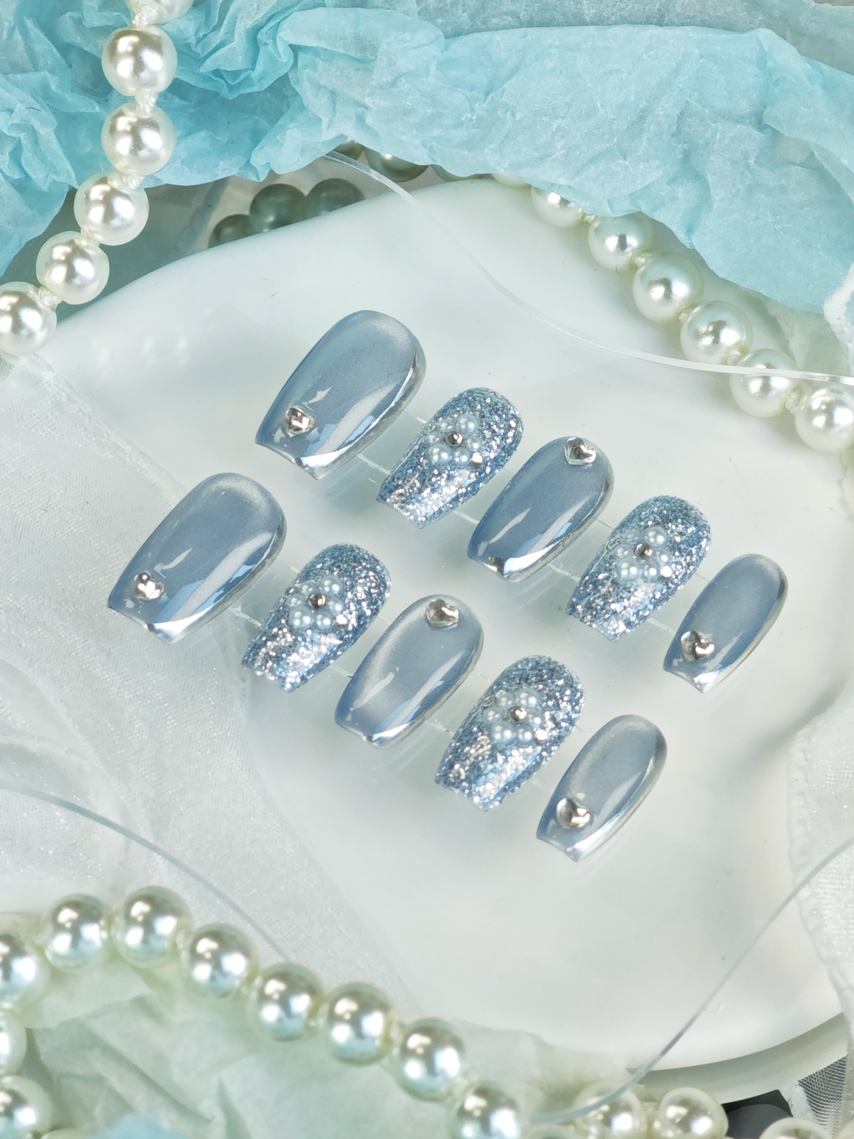 Ice Blue Cat Eye Heart Pearl Medium Square Nails