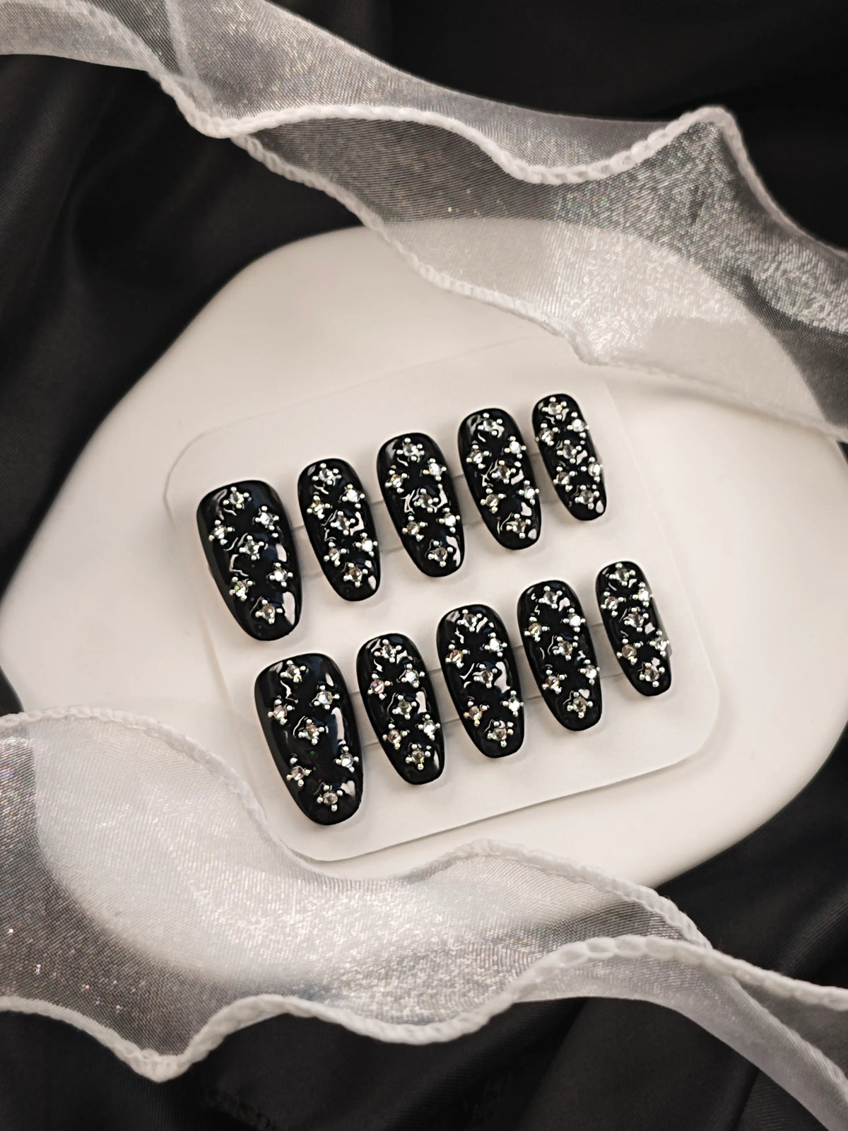 Glossy Black Cross Rhinestone Medium Coffin Nails