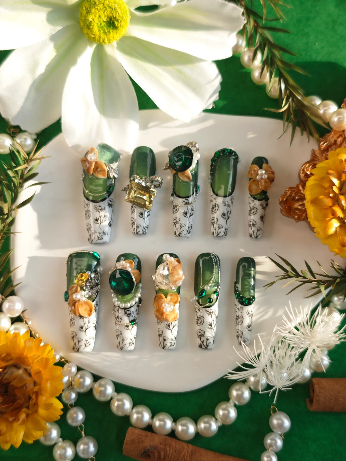 Emerald Floral Long Coffin Press On Nails