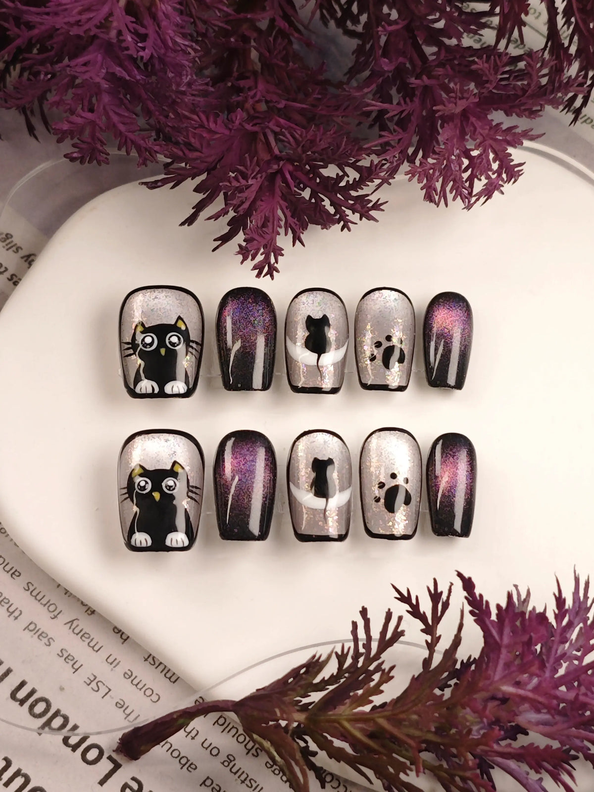 Cute Black Cat Purple Shimmer Short Oval Nails