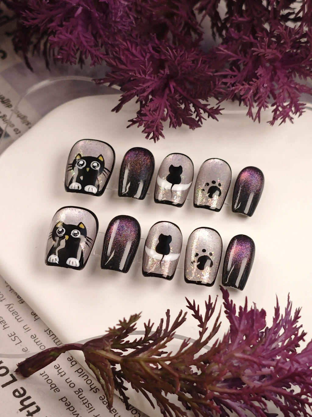 Cute Black Cat Purple Shimmer Short Oval Nails