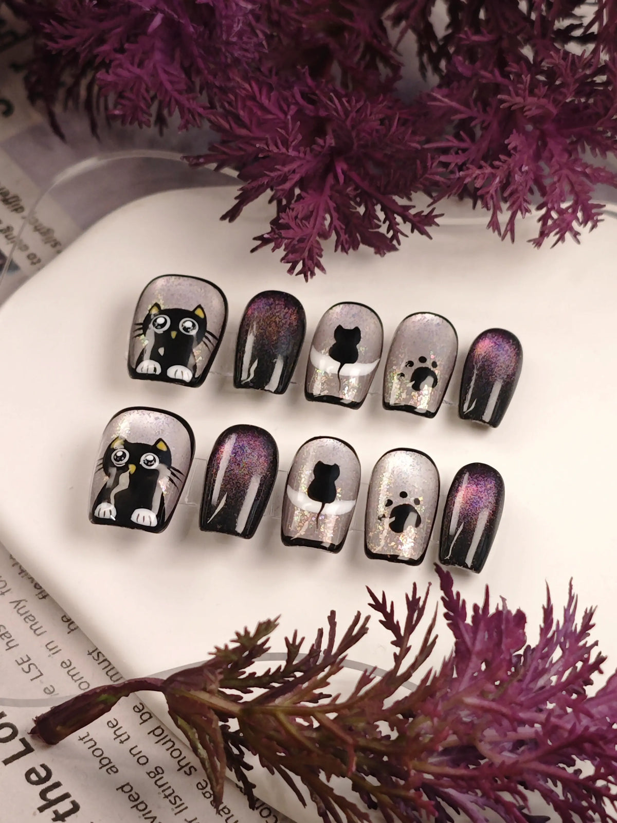 Cute Black Cat Purple Shimmer Short Oval Nails