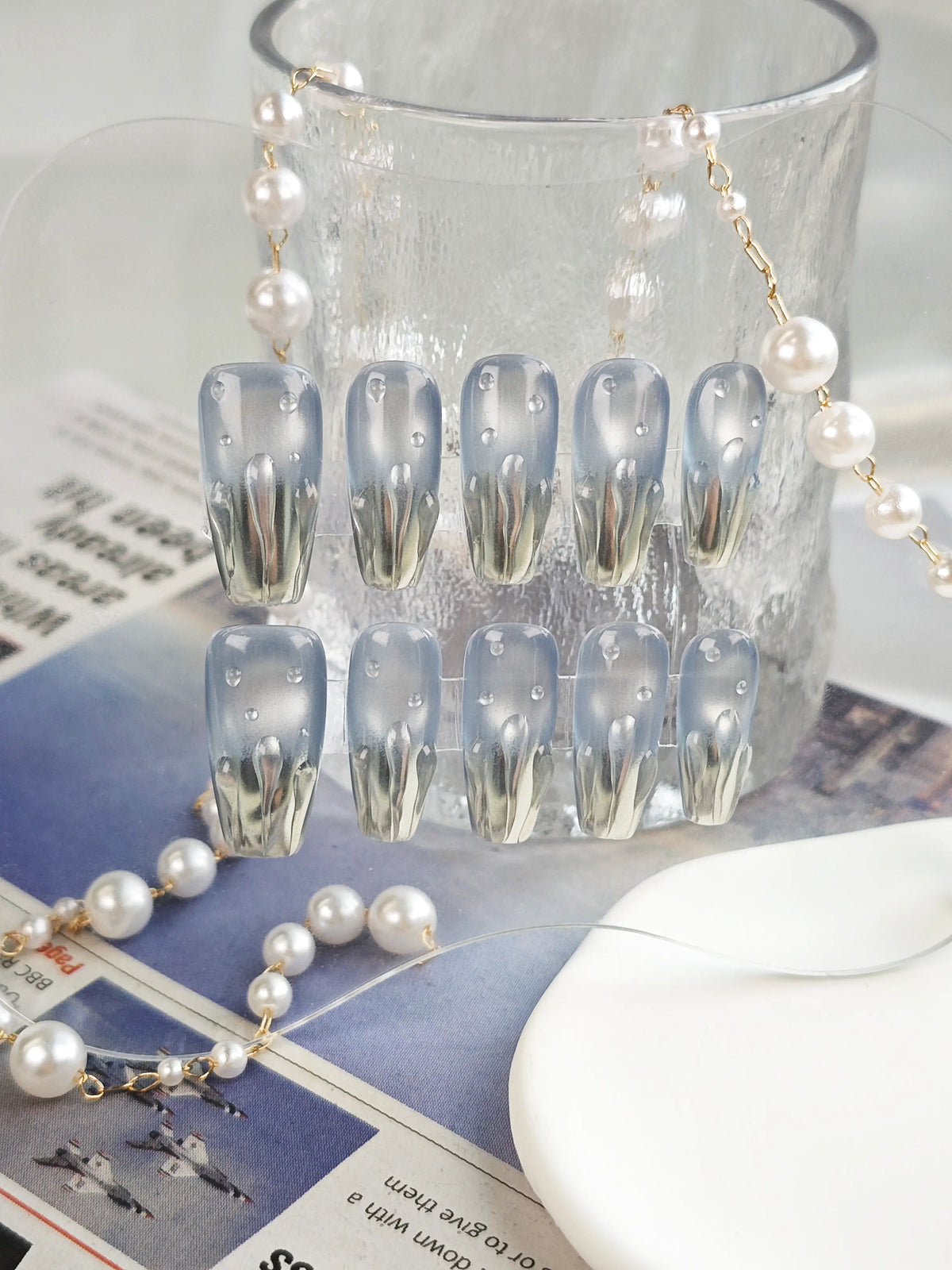 Smoky Blue Metallic Drip Water Drop Medium Tapered Square Nails