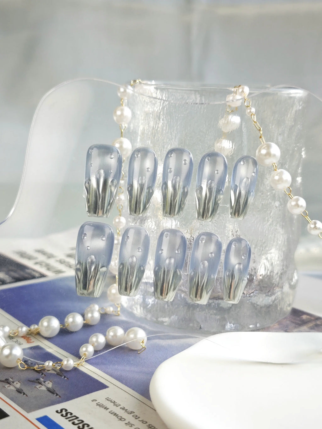Smoky Blue Metallic Drip Water Drop Medium Tapered Square Nails