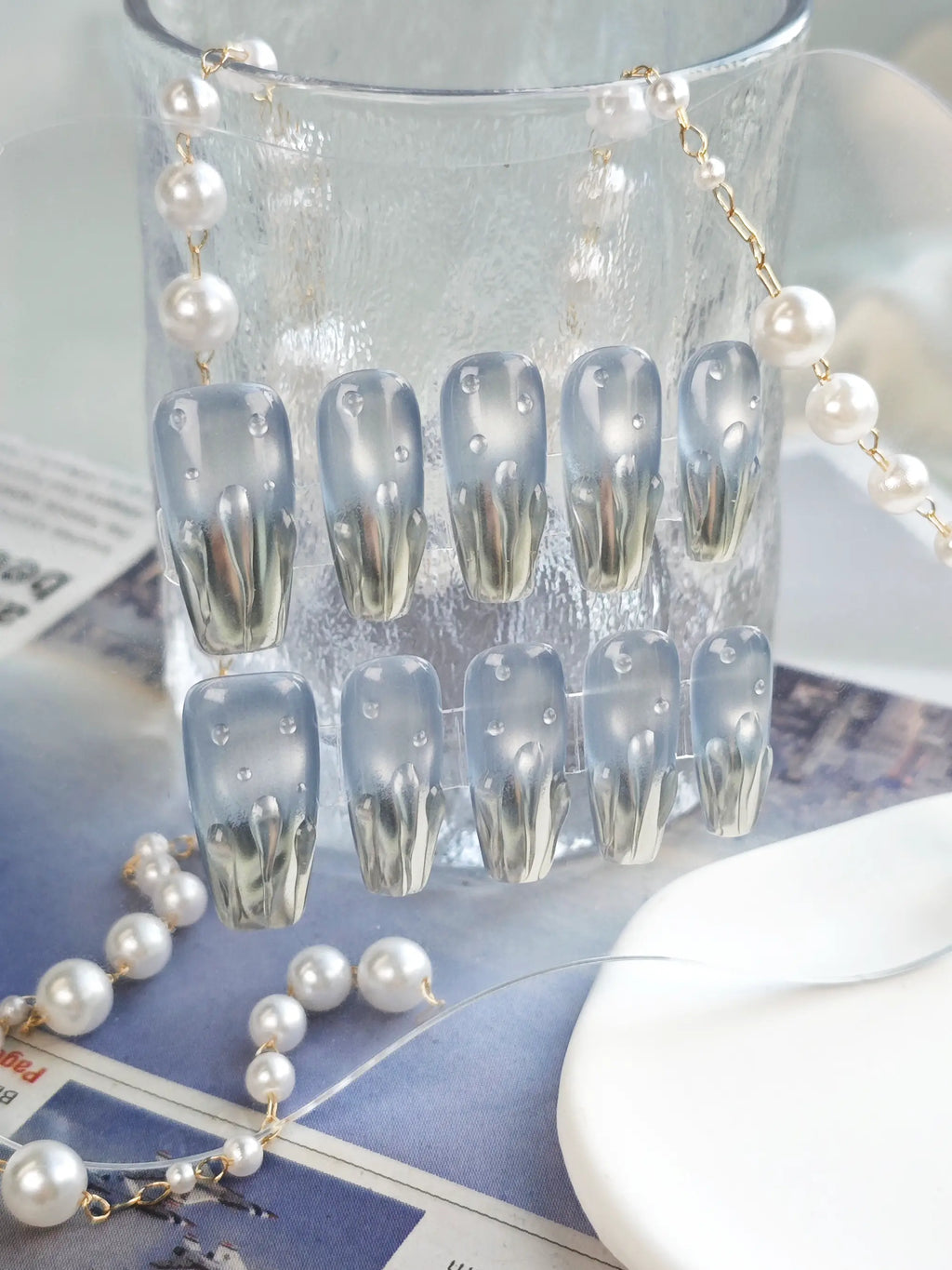 Smoky Blue Metallic Drip Water Drop Medium Tapered Square Nails