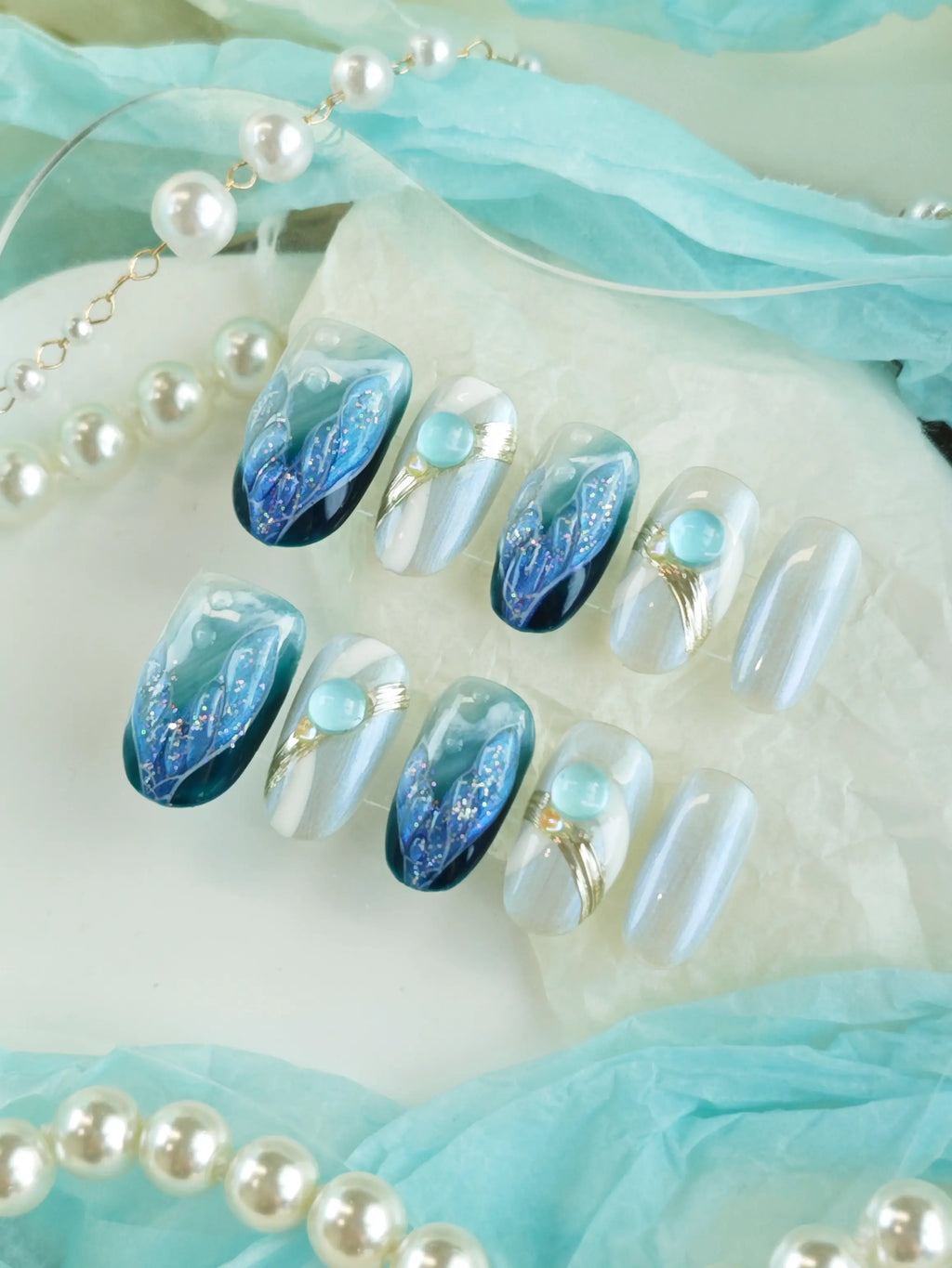 Ocean Mermaid Tail Blue Bead Gold Line Medium Square Nails