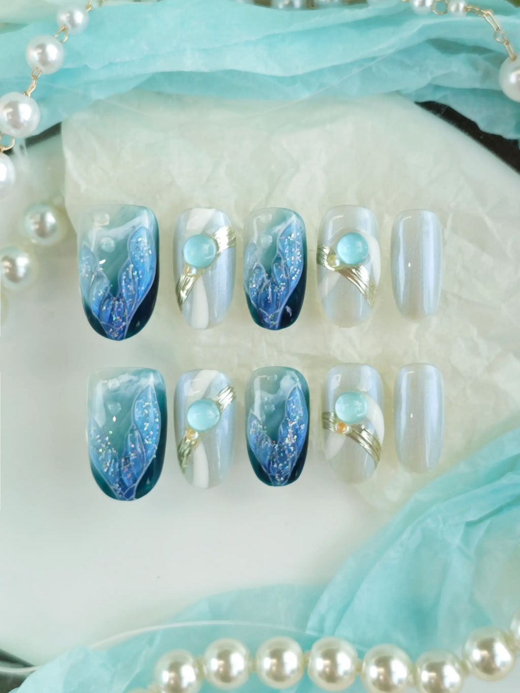 Ocean Mermaid Tail Blue Bead Gold Line Medium Square Nails