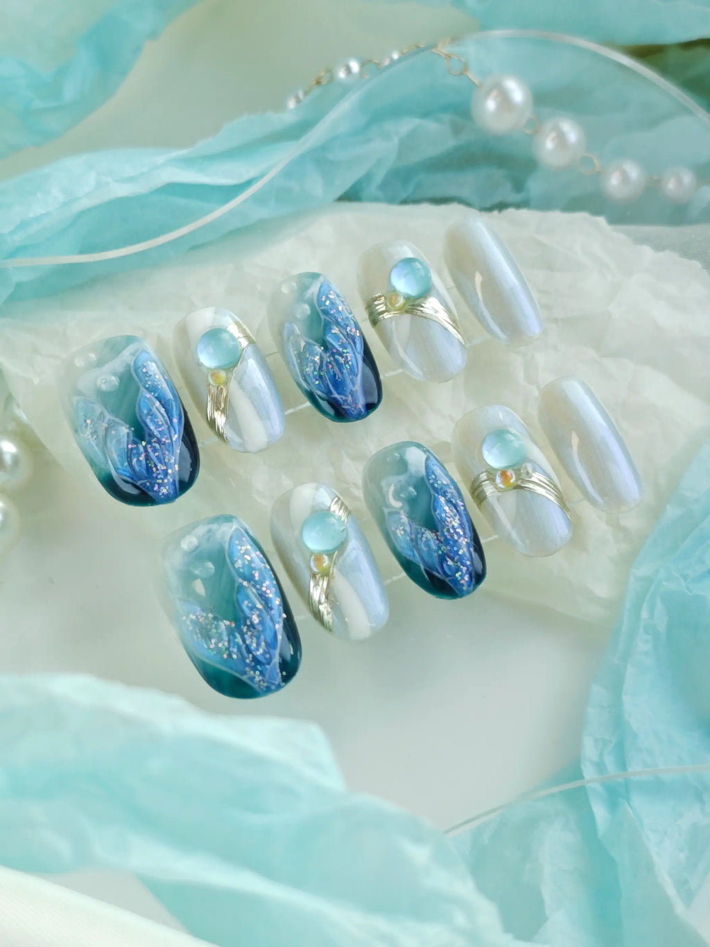 Ocean Mermaid Tail Blue Bead Gold Line Medium Square Nails