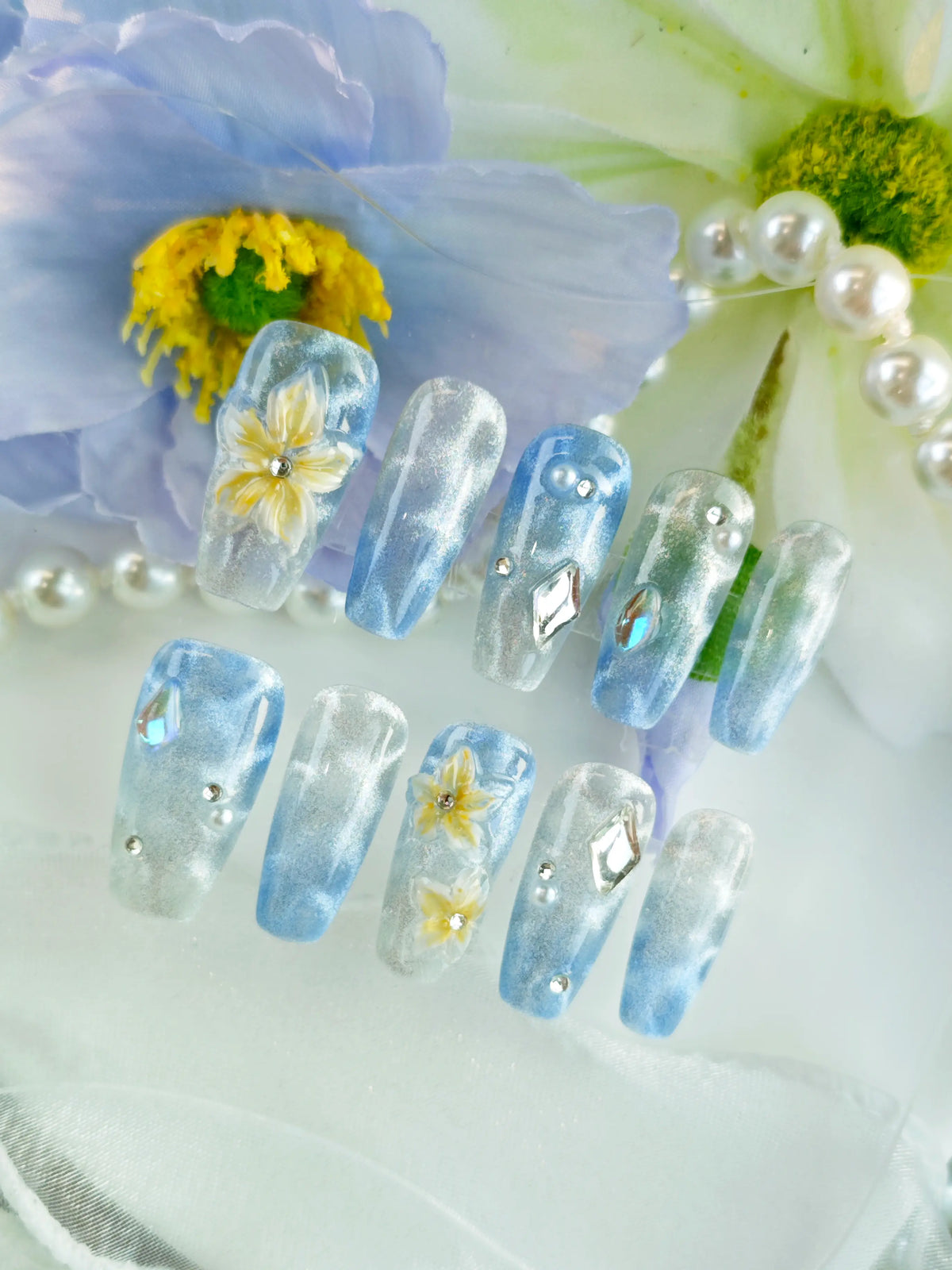 Press On Nails | Blue Watercolor 3D Floral Coffin Nails