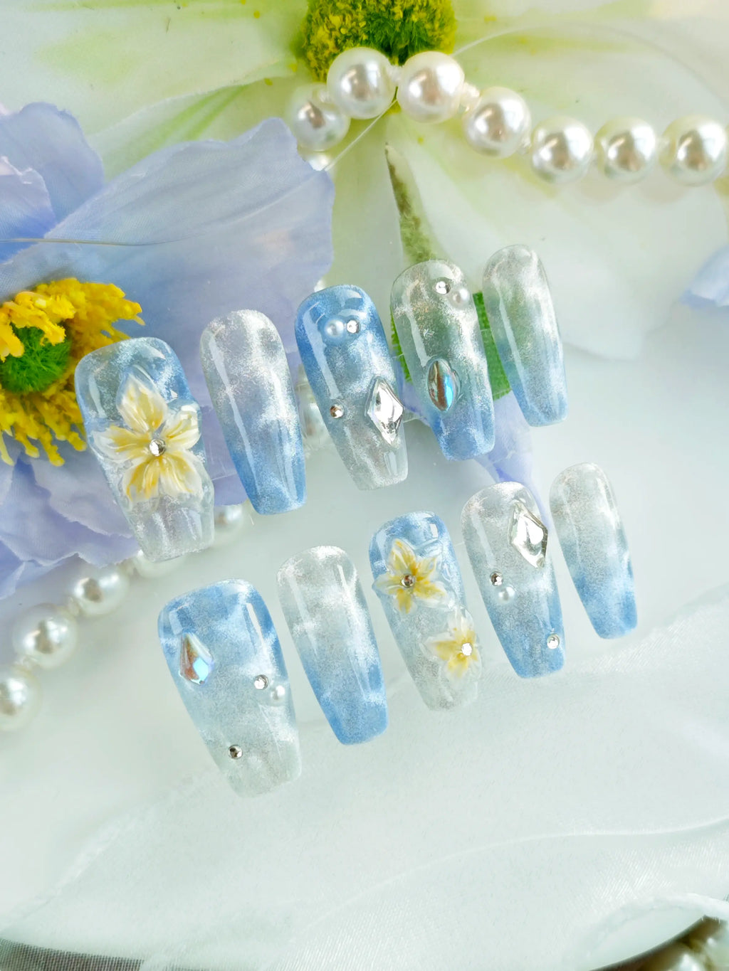 Press On Nails | Blue Watercolor 3D Floral Coffin Nails