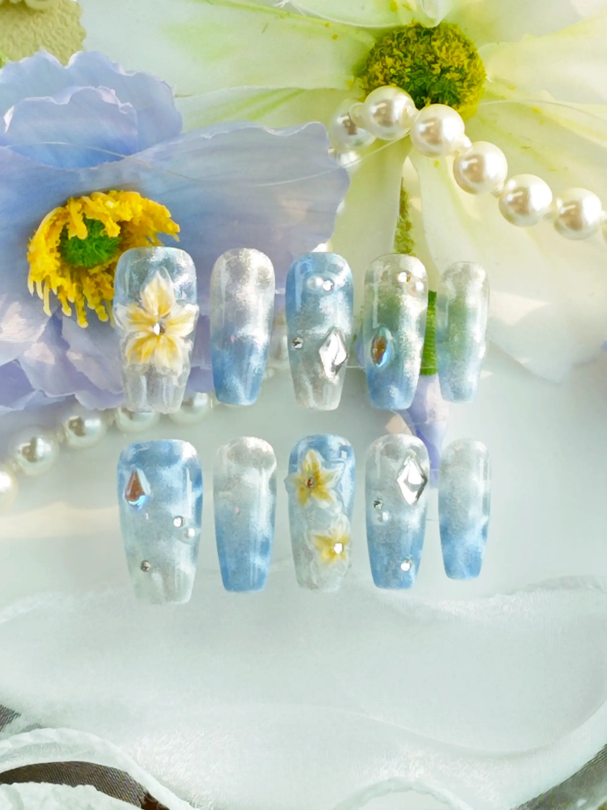 Press On Nails | Blue Watercolor 3D Floral Coffin Nails