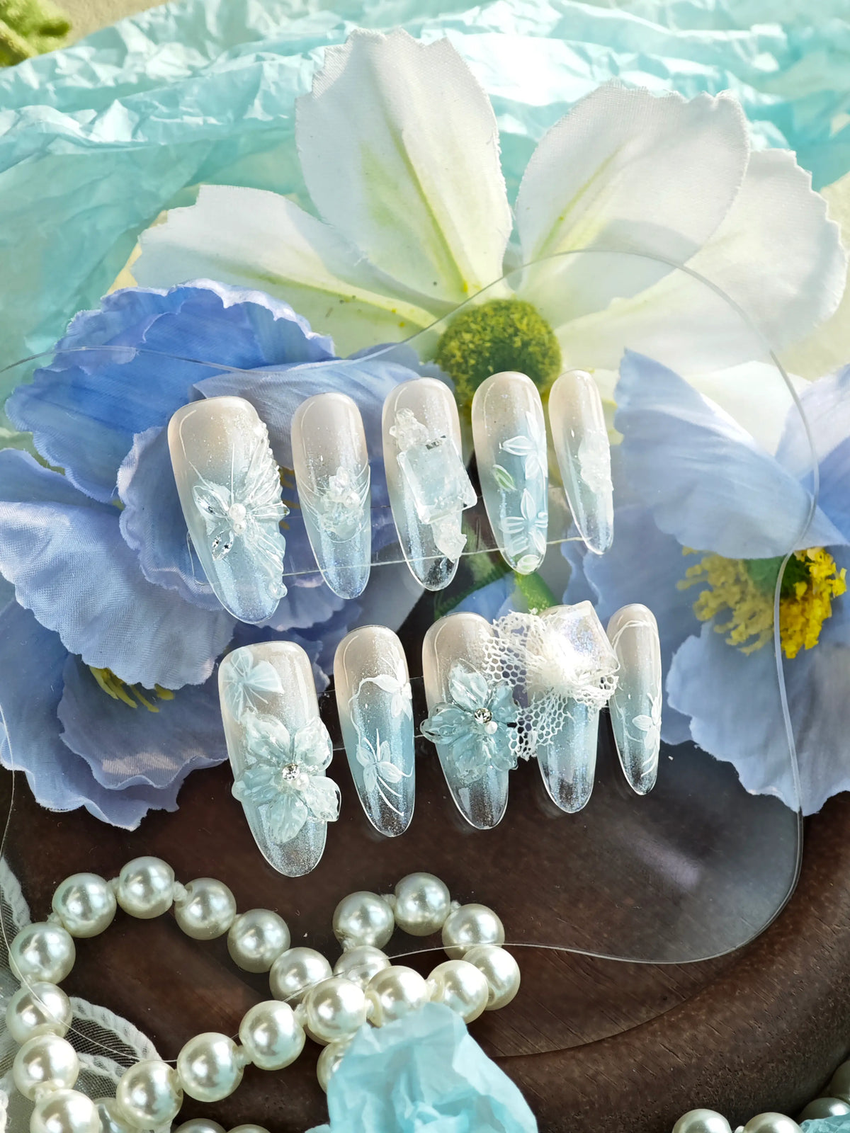 Ice Blue 3D Floral Lace Rhinestone Medium Almond Nails