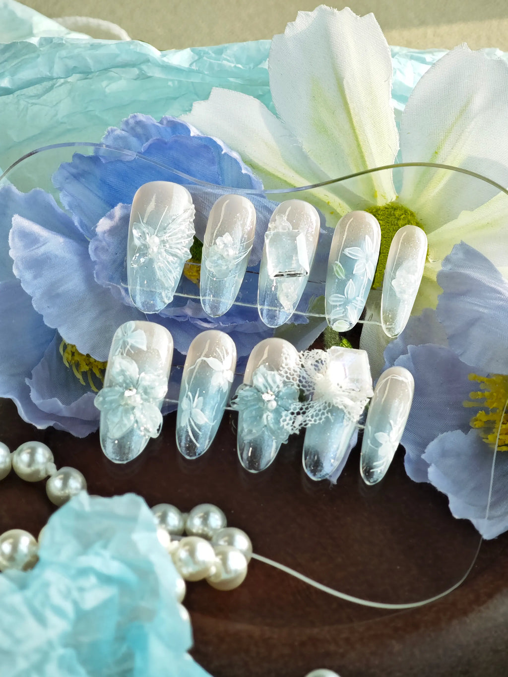 Ice Blue 3D Floral Lace Rhinestone Medium Almond Nails