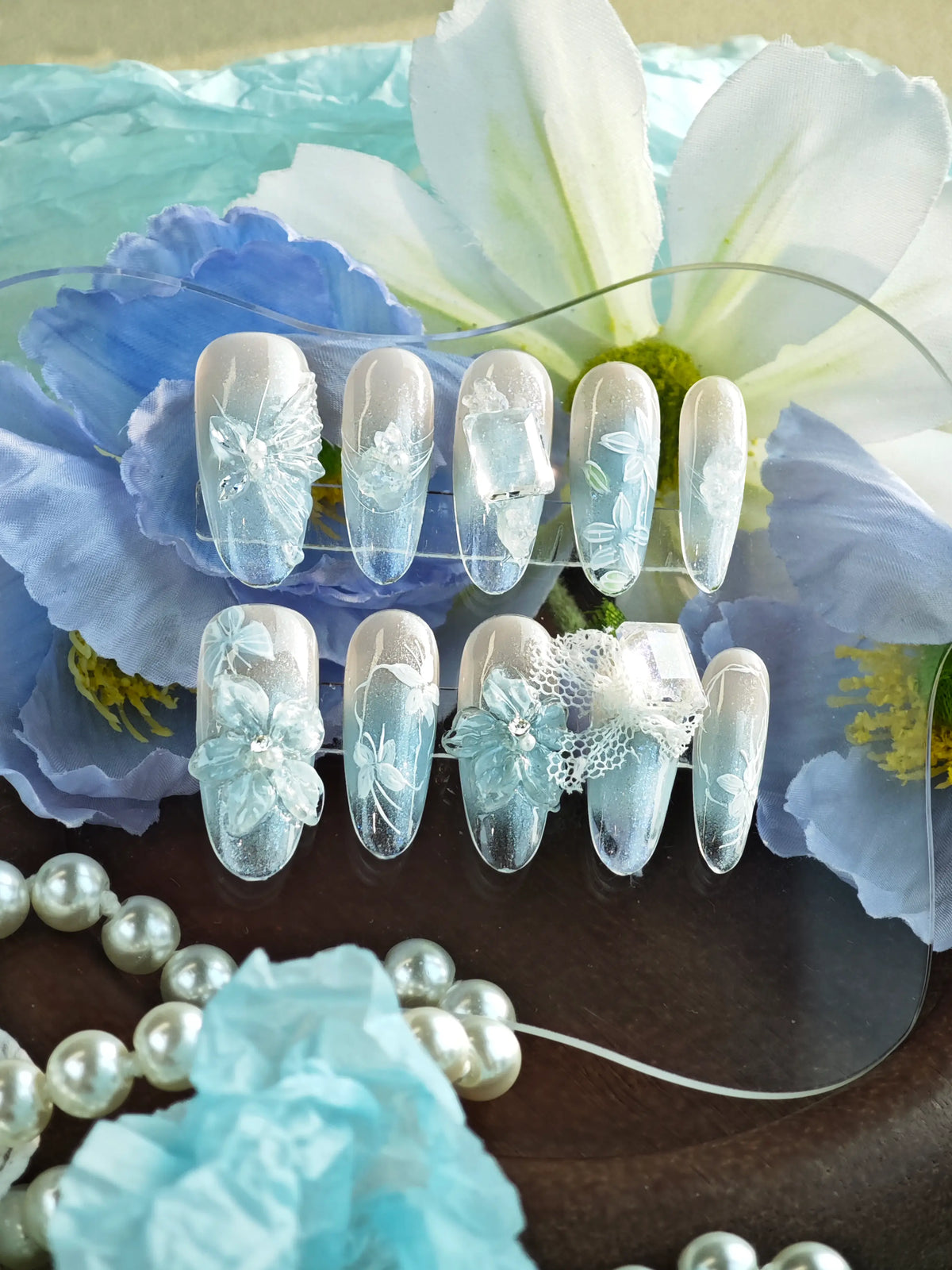 Ice Blue 3D Floral Lace Rhinestone Medium Almond Nails