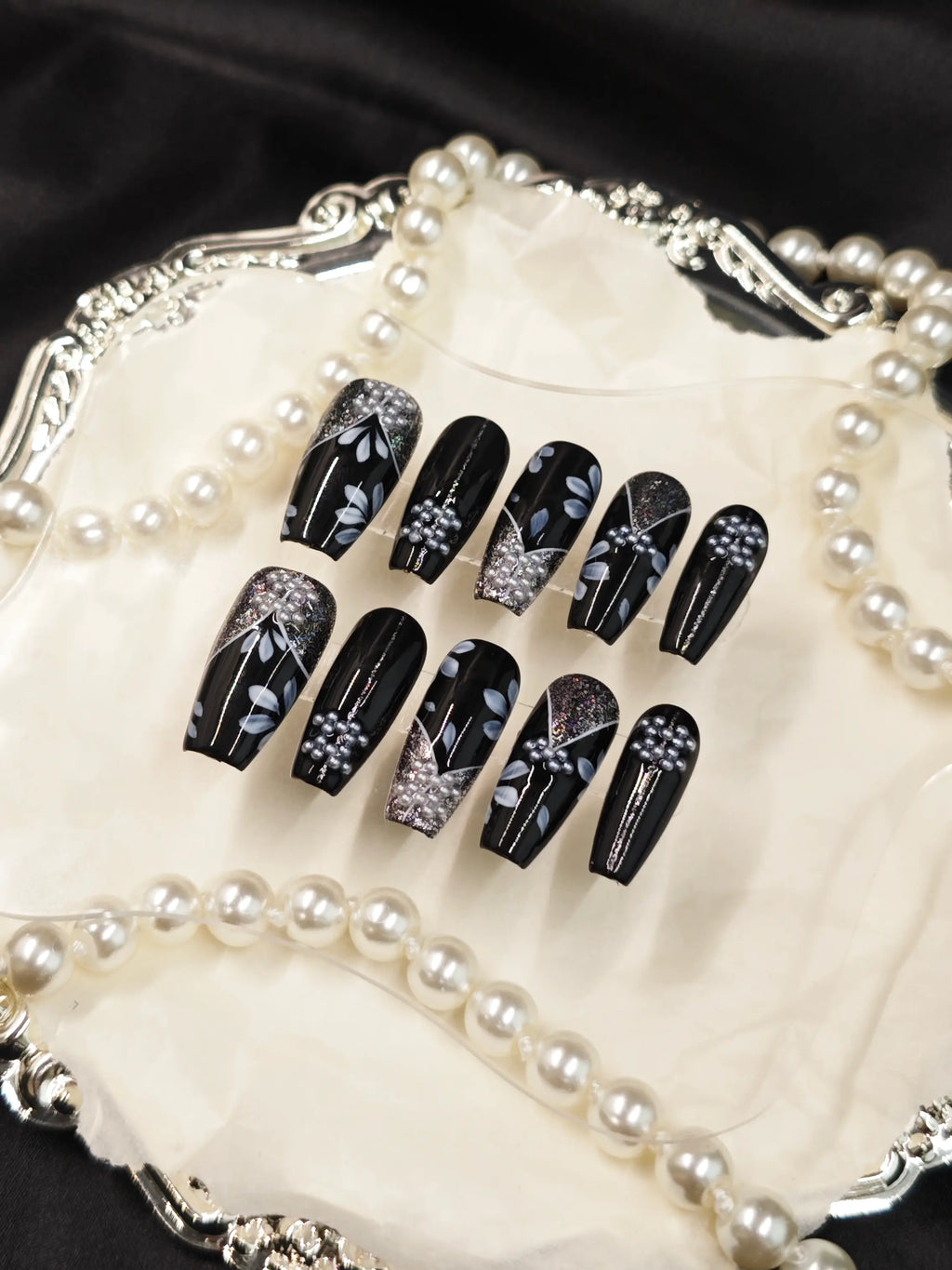 Black Silver Floral Pearl Medium Coffin Nails