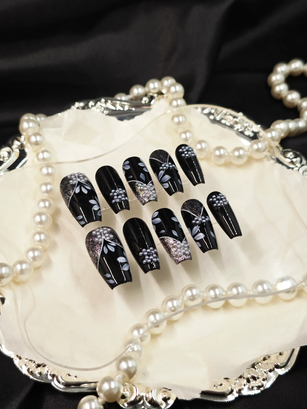 Black Silver Floral Pearl Medium Coffin Nails