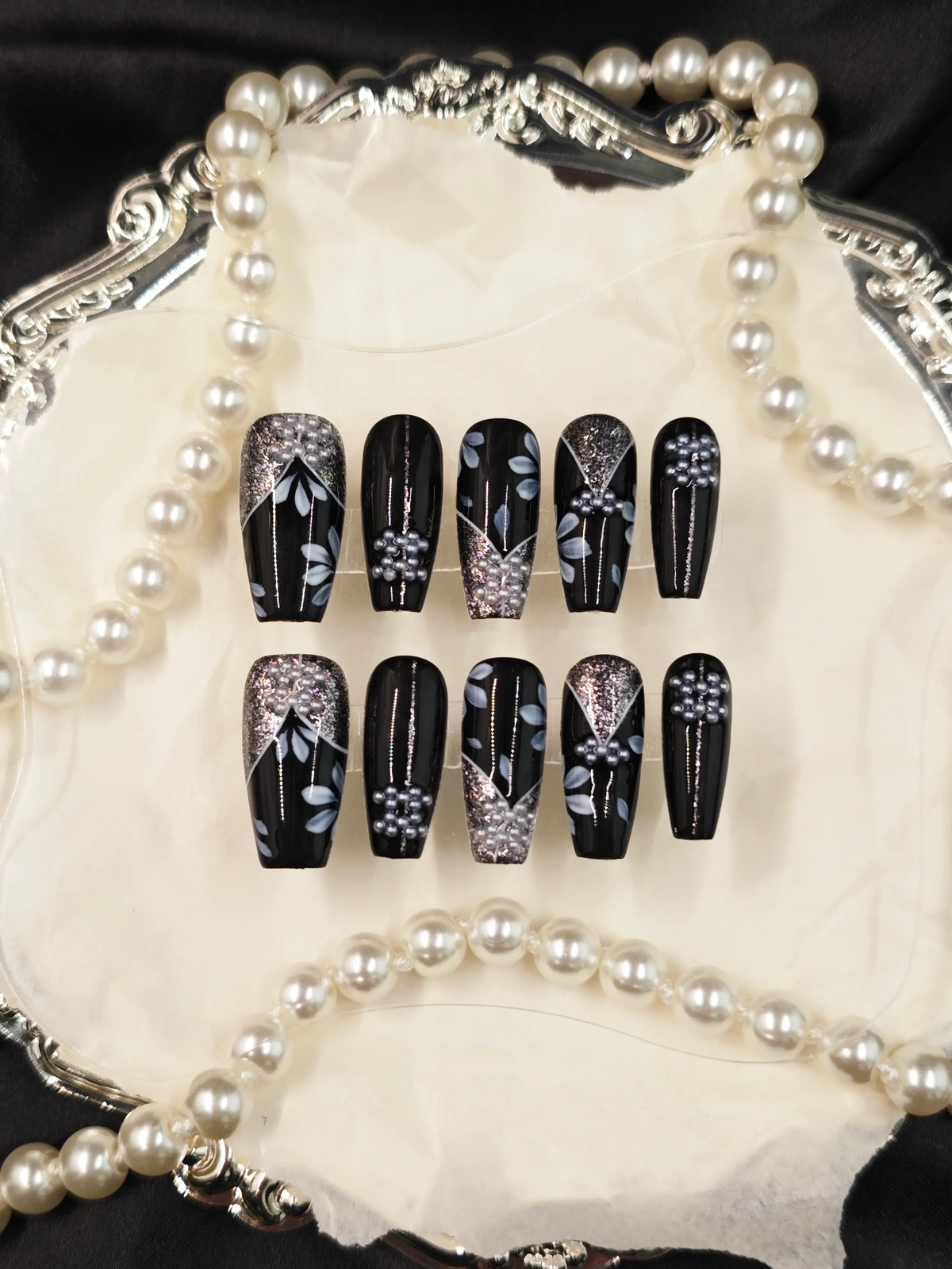 Black Silver Floral Pearl Medium Coffin Nails
