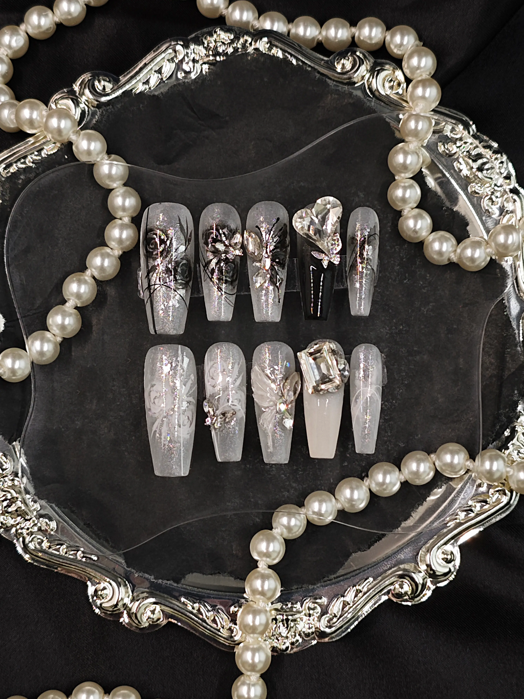 Silver Glitter Butterfly Rose Coffin Nails