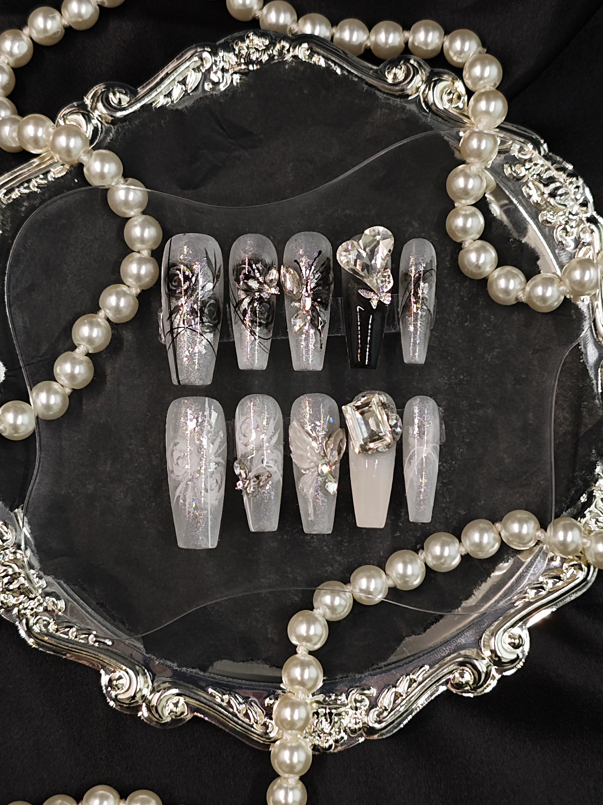 Silver Glitter Butterfly Rose Coffin Nails