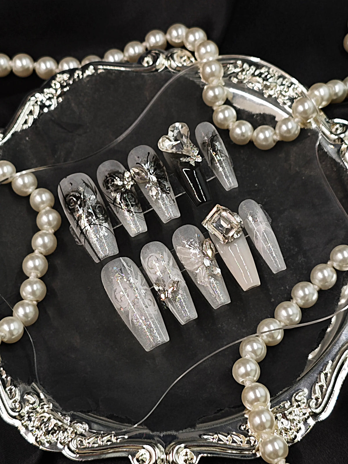 Silver Glitter Butterfly Rose Coffin Nails