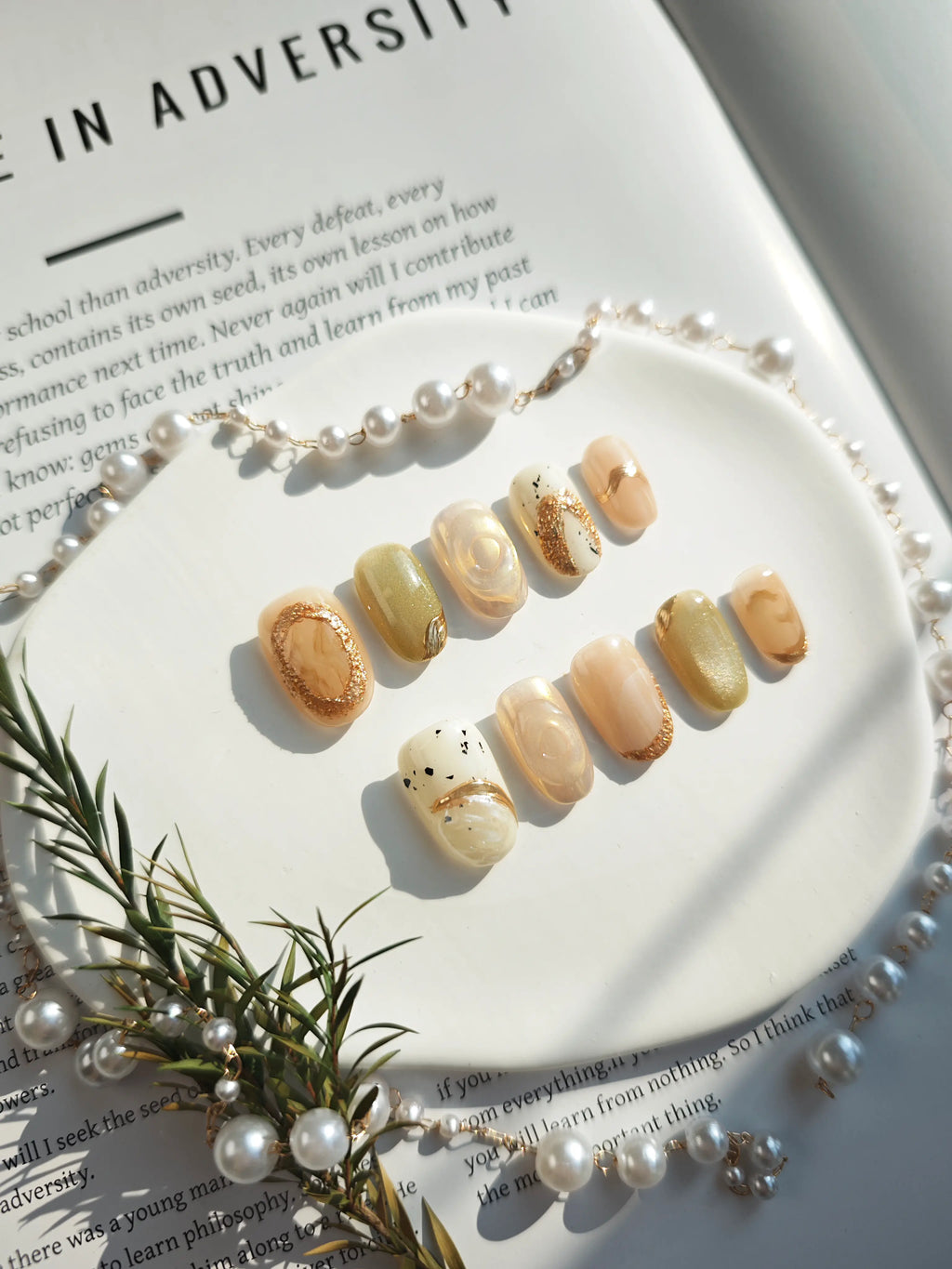 Champagne Nude Marble Gold Foil Medium Square Nails
