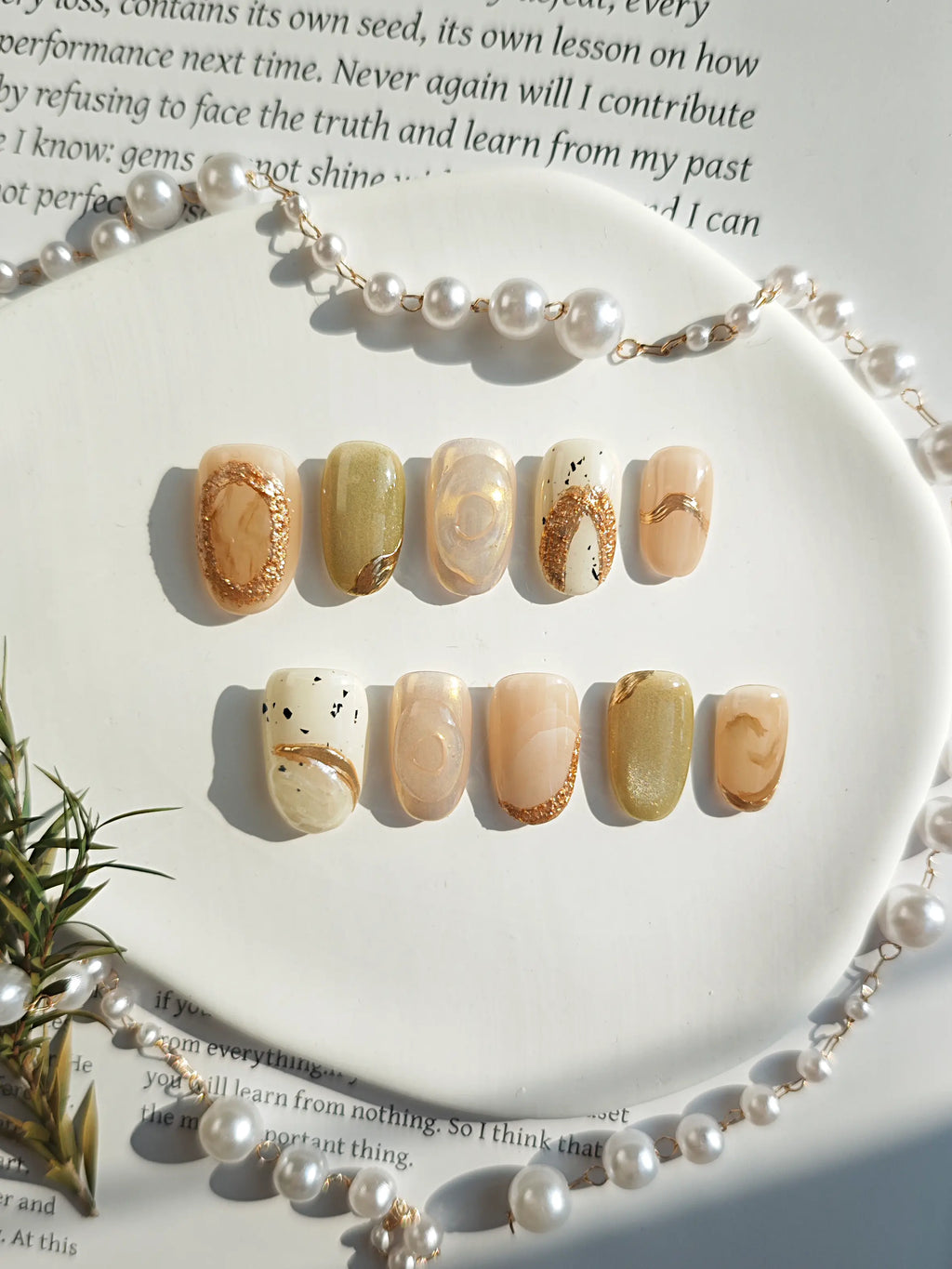 Champagne Nude Marble Gold Foil Medium Square Nails