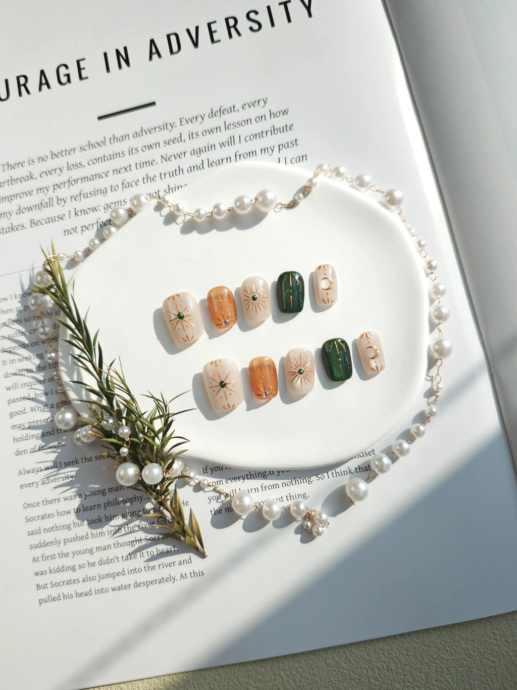 Celestial Sun Moon Star Gold Line Short Square Nails